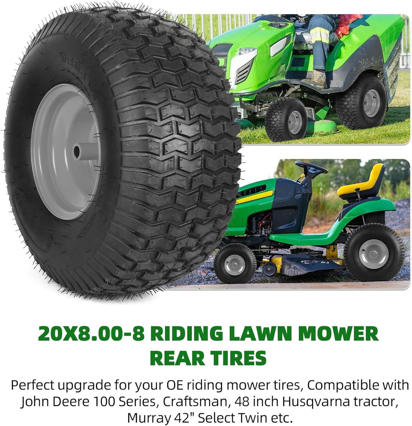 AR-PRO 20x8.00-8 Rear Tire and Wheel Assemblies for Riding Lawn Mowers - 3/4" Borehole, 3.5" Offset Hub and 3/16" Keyway, 4 Ply Tubeless, 965lbs Capacity (Set of 2)