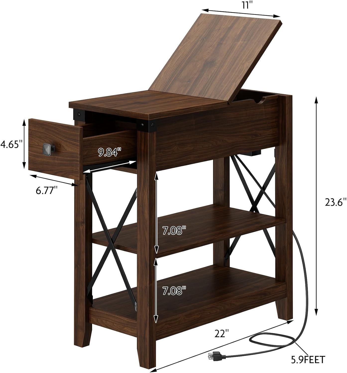 Awescuti Narrow End Table with Charging Station - Farmhouse Slim Side Table Set of 2, w/USB Ports Power Outlets, Nightstand w/Flip Top Storage Drawer, for Small Spaces Living Room Bedroom, Walnut