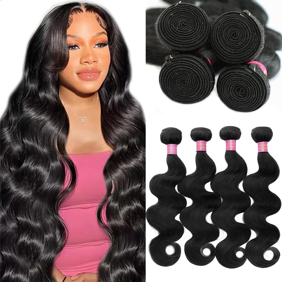 26 28 30 32 Inch Bundles Human Hair 12A Body Wave Bundles Human Hair 100% Unprocessed Brazilian Virgin Hair 4 Bundles Human Hair Body Wave Human Hair Extensions Natural Black