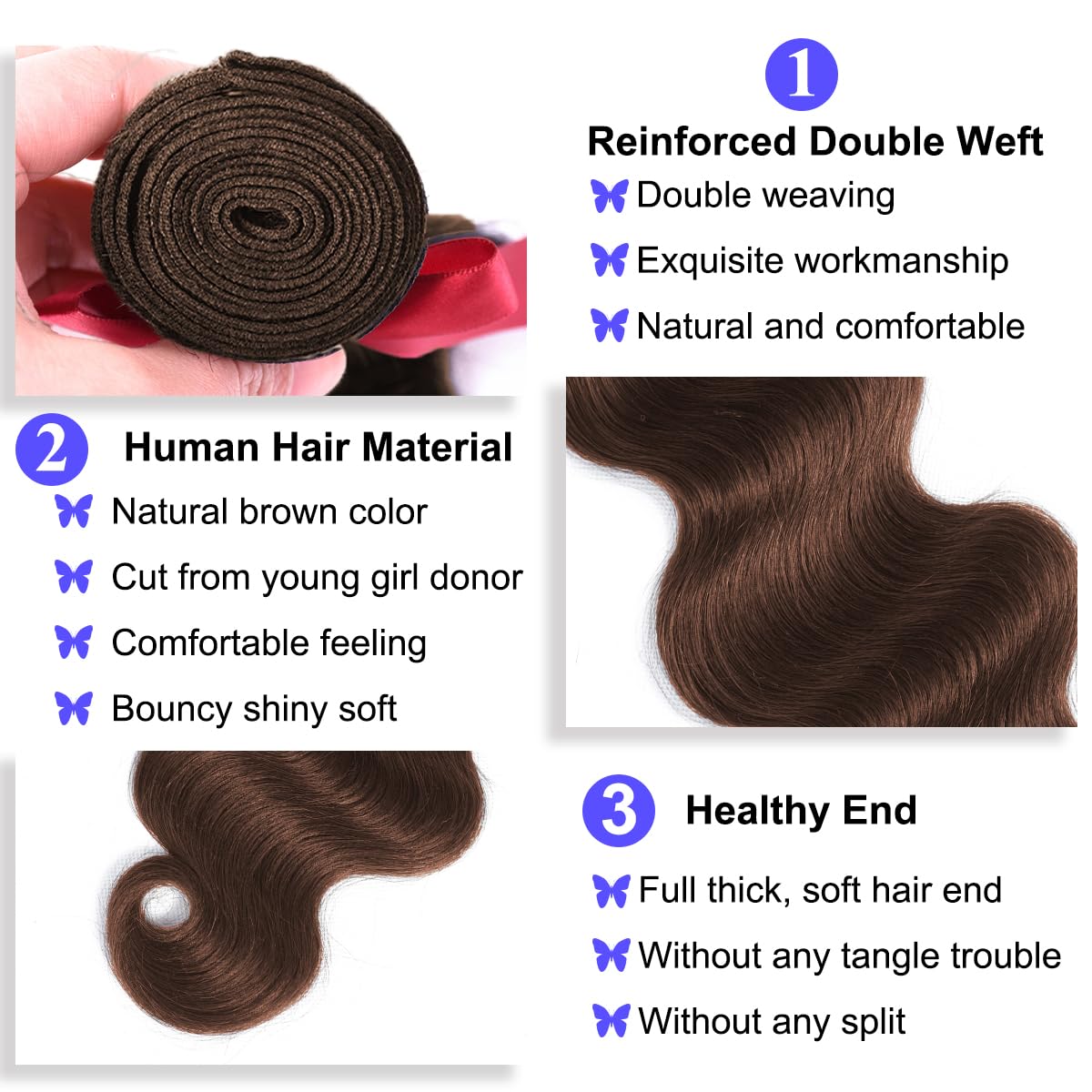 Body Wave Bundles Human Hair 20 22 24 24 Inch Brown Human Hair Bundles 12A 100% Unprocessed Indian Virgin Hair 4 Bundles Deal Dark Brown Chocolate Color Extension Color 4#