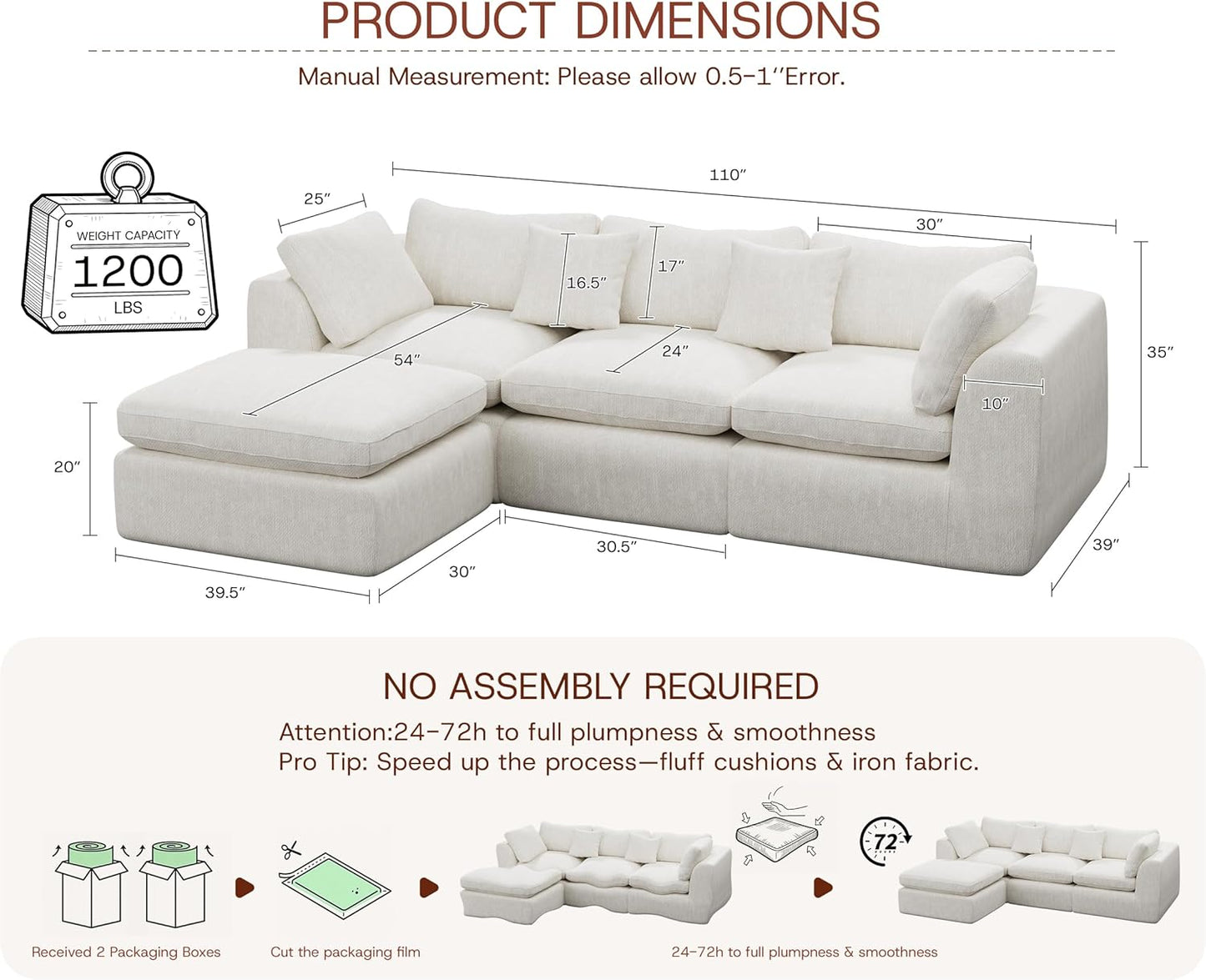 GRUSIGN 110'' Oversized Cloud Sectional Boneless Couch for Living Room, Modern Big Compressed L Shape Couch with Ottoman & 2 Throw Pillows, Chenille Deep Seat Memory Foam Spineless 4 Seater Sofa,Beige