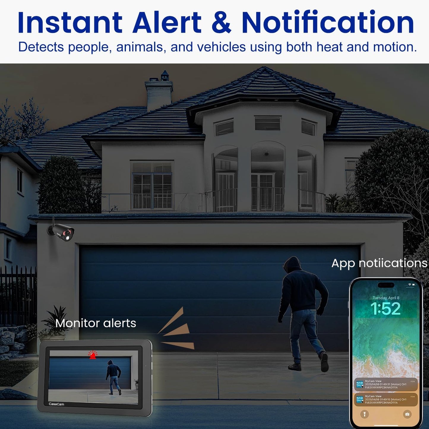 CasaCam Wireless Security Camera System | 7" Touchscreen Monitor and 2 720p Cameras | AC Powered, No Monthly Fees, Two-Way Audio, Free APP, Micro SD Card and Battery Installed, GuardianCam Air VS802