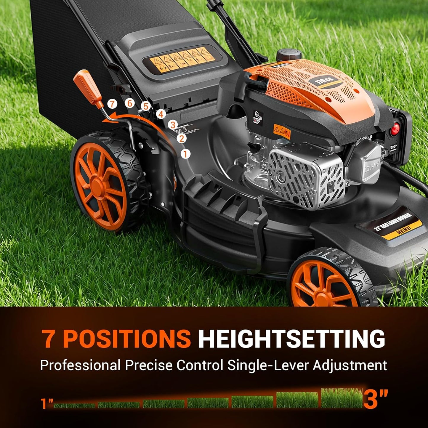 21" Self-Propelled Gas Lawn Mower, 170CC Engine, 3-in-1 with Mulching and Side Discharge, 7 Position Cutting Height Adjustment for Yard and Garden