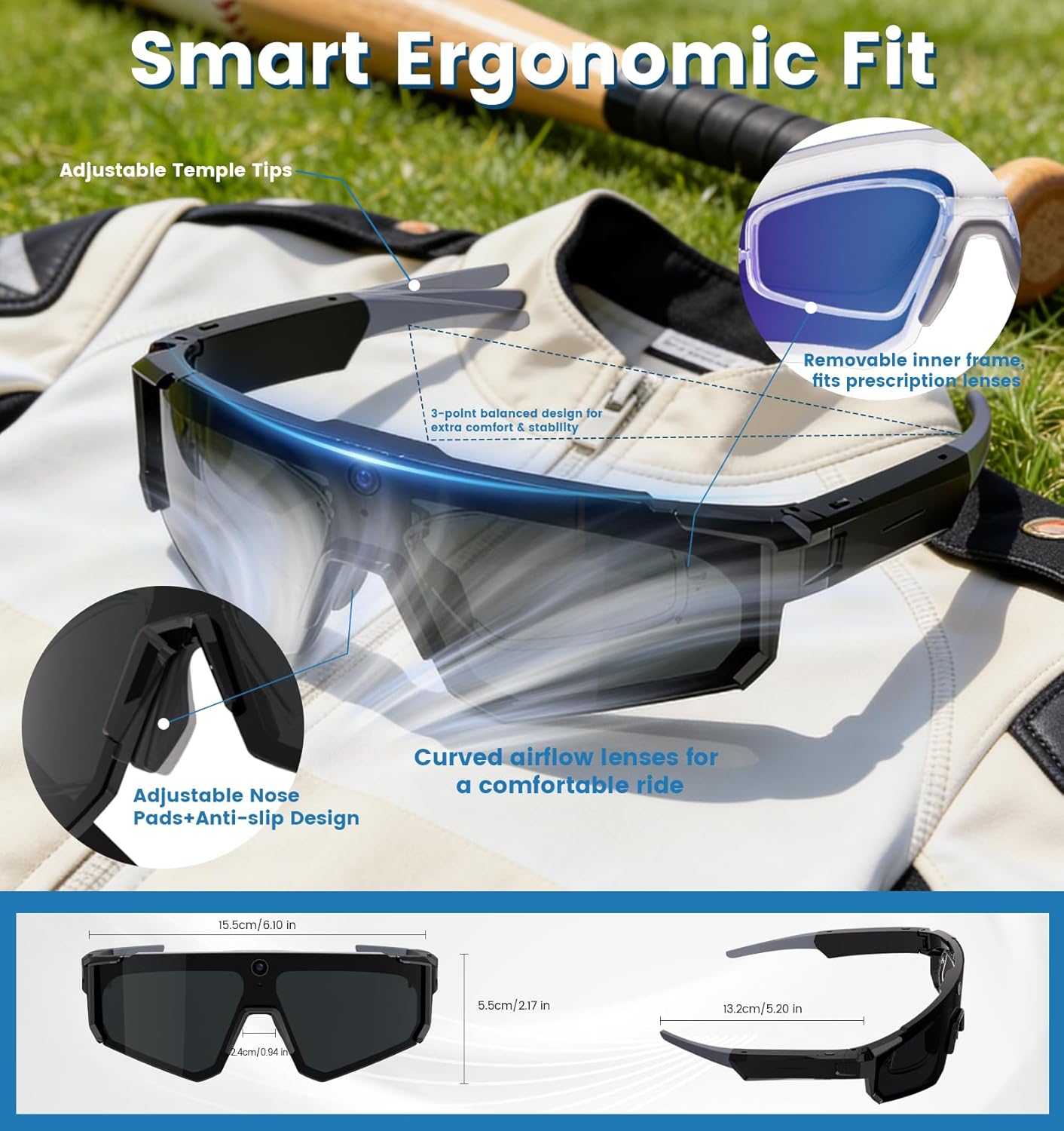 AI Smart Glasses with Camera 8MP,1200P HD Video Recording Camera Glasses for Men,Women, Polarized Sports Running Sunglasses with Bluetooth Call ,Dual Mic Noise Canceling,ChatGPT for Cycling Hiking