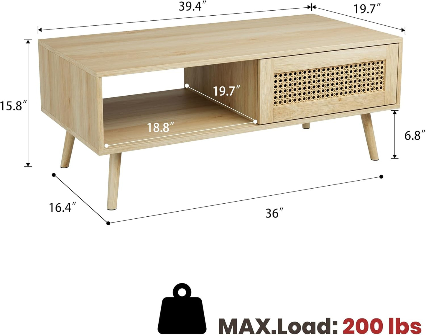 IDEALHOUSE Living Room Table Sets of 2, Includes 47" Rattan TV Stand Storage Cabinet for 55" TV, Farmhouse Coffee Table with Storage Shelf for Bedroom