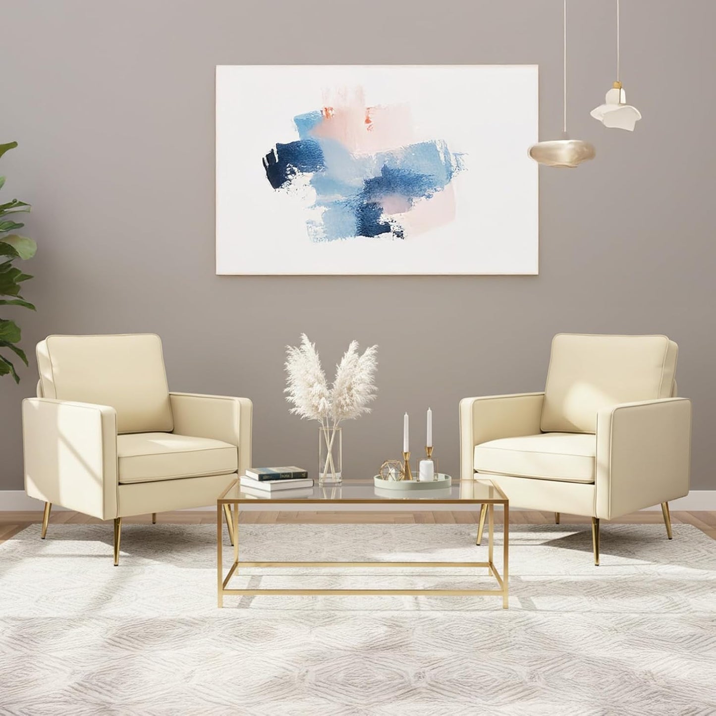 VINGLI Modern PU Leather Accent Chairs Set of 2, Single Sofa Chair with Pocket Coil Seat, Metal Backrest & Solid Wood Frame, Upholstered Armchair for Living Room, Bedroom or Office