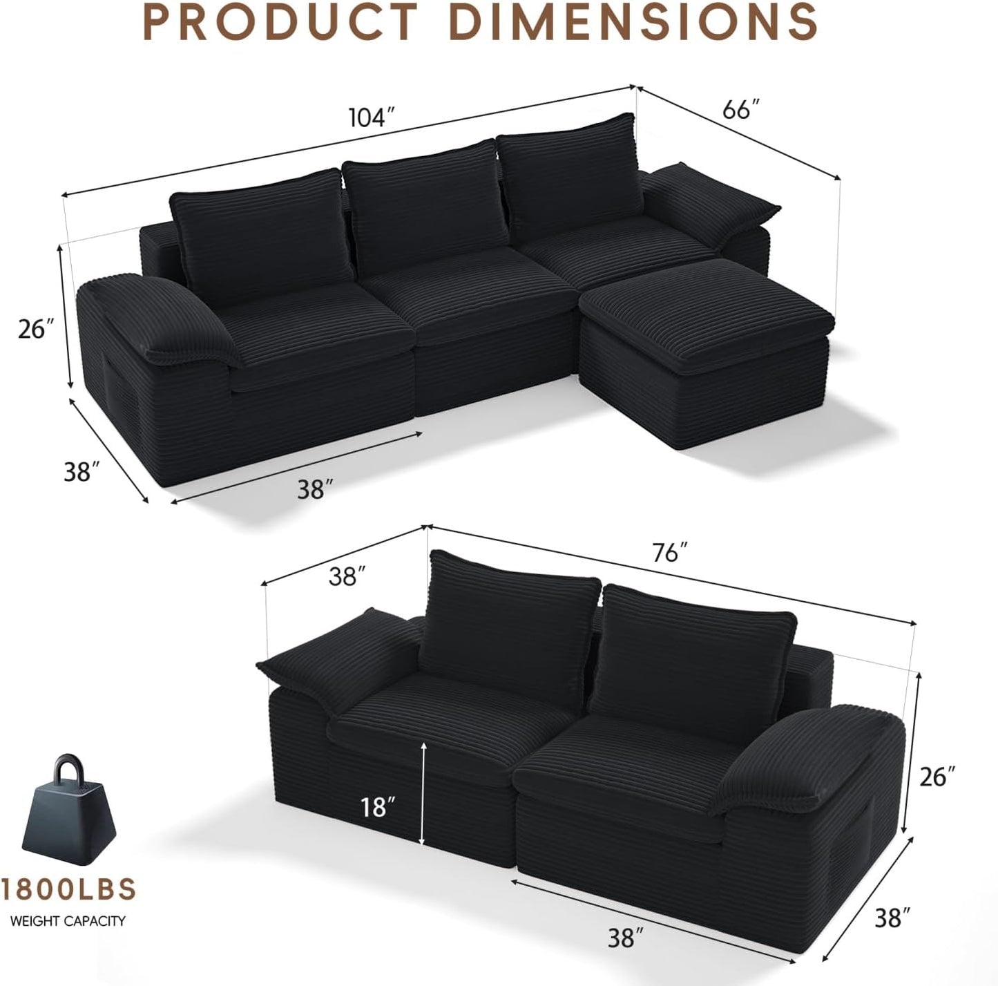 2 Pieces Cloud Sectional Couch Sets, Convertible Modular Sofa with Deep Seat, 104" L-Shaped Boneless Couches and 76" Loveseat Set for Living Room. Black