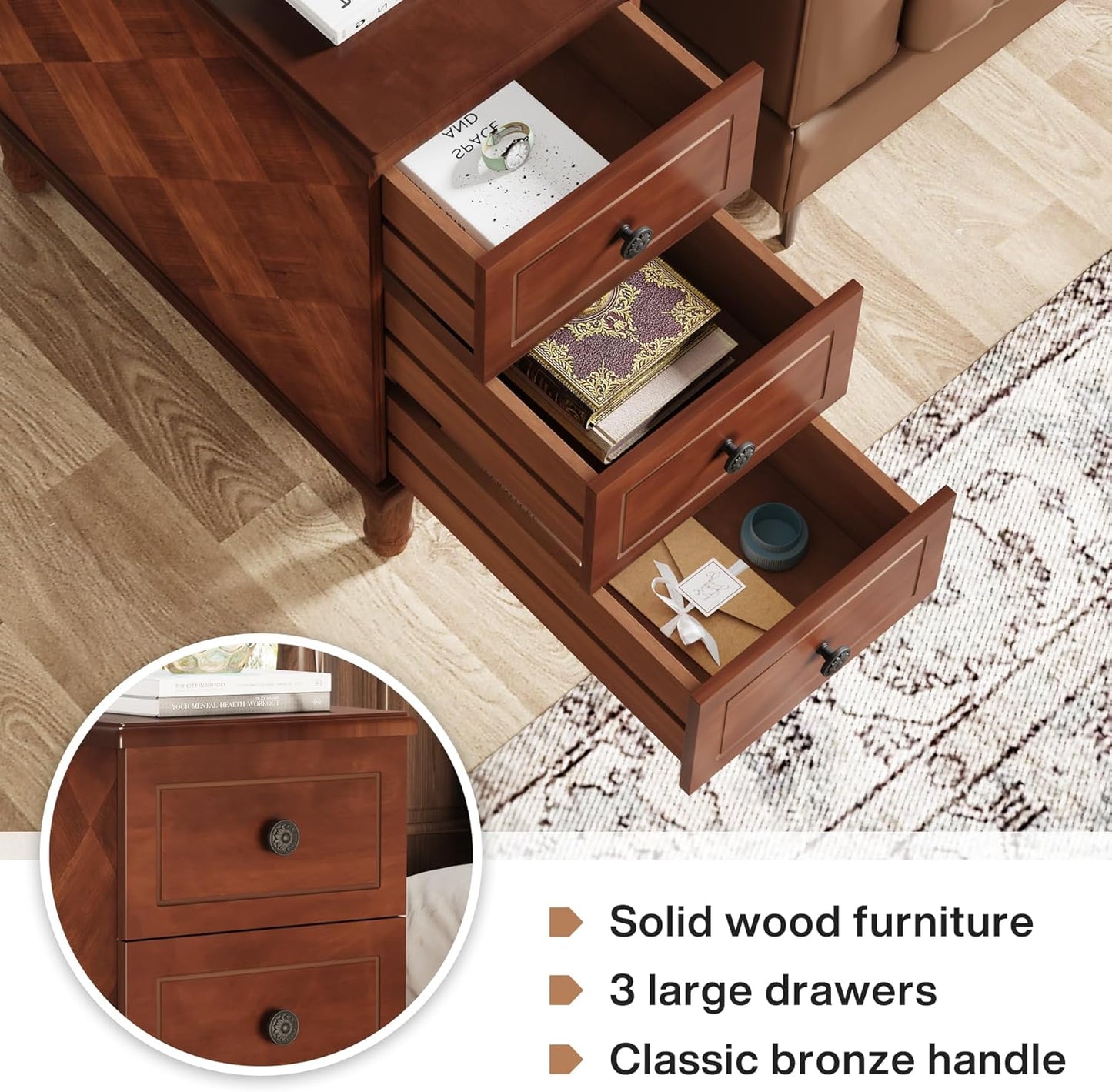Tribesigns Solid Wood End Table Set of 2, Fully Assembled Narrow Side Table with Drawers, Pre-Assembled Nightstand Slim Bedside Table for Small Spaces, Living Room, Bedroom, Brown