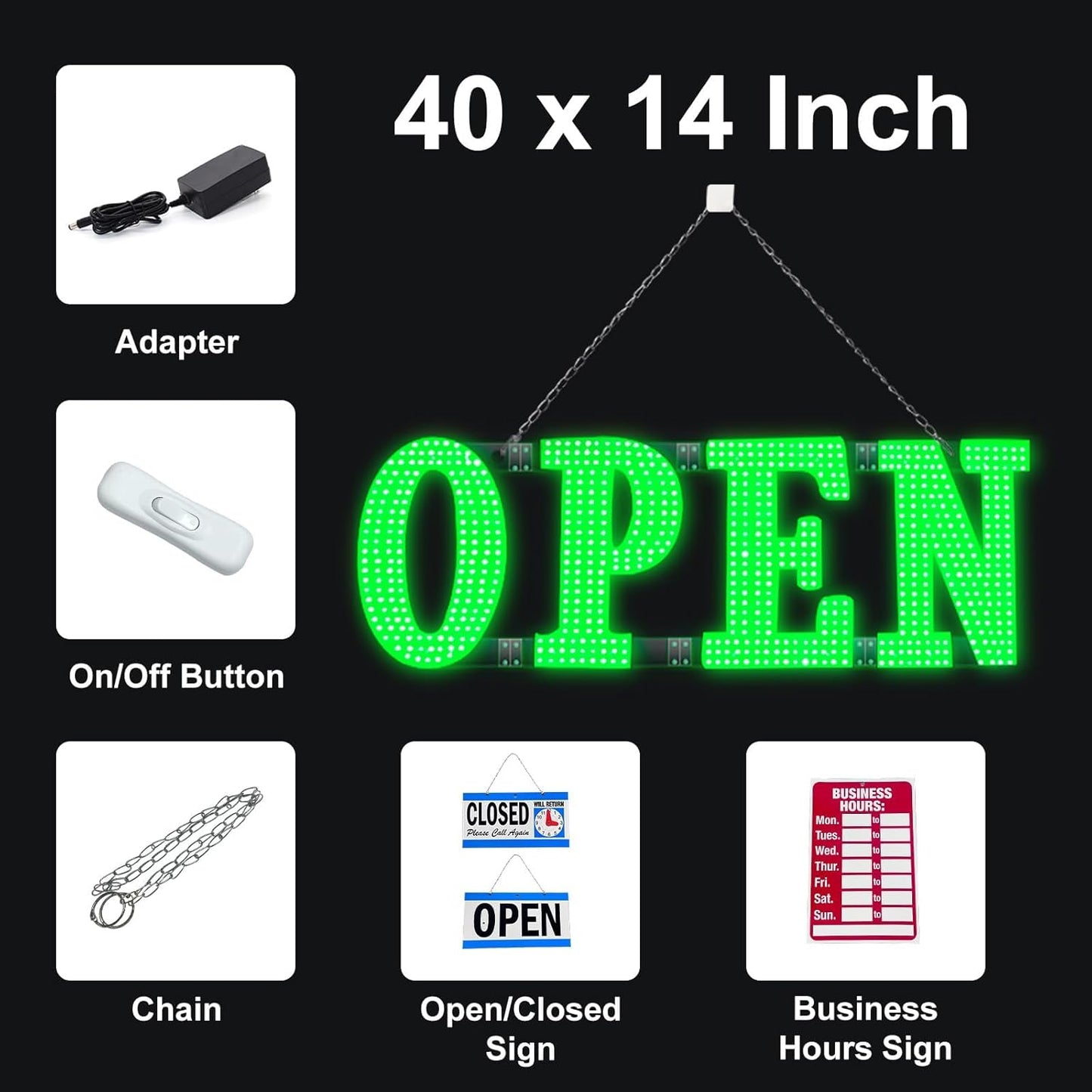 40"x14" Large LED Open Signs for Business Super Bright Unique Design Open Sign with Hanging Installation for Window Stores Bar Hotel Retail Shops Salon Restaurant Office Green
