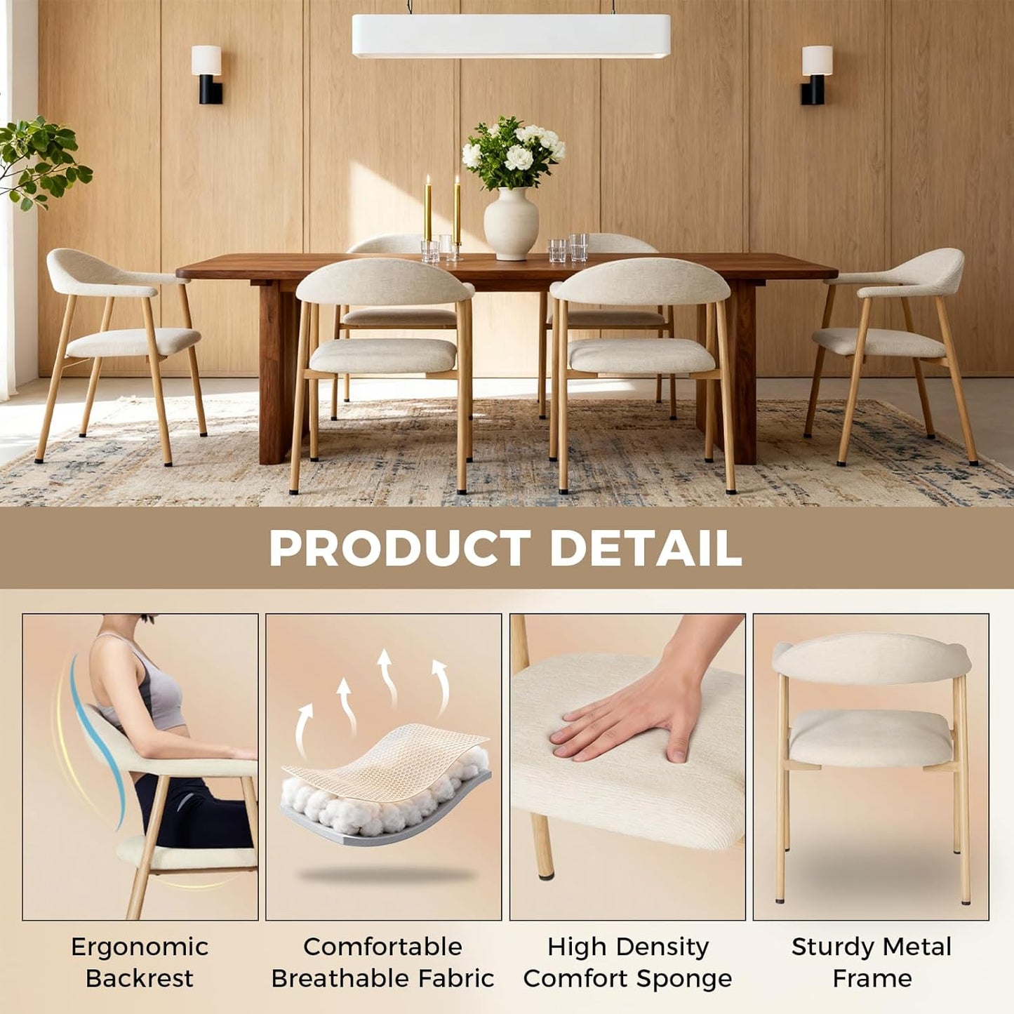 DUMOS Dining Chairs Set of 4, Linen Fabric Upholstered Kitchen Side Chairs with Curved Backrest & Metal Legs, Modern Farmhouse Accent Chairs for Dining Room Kitchen Living Room Cafe, Beige