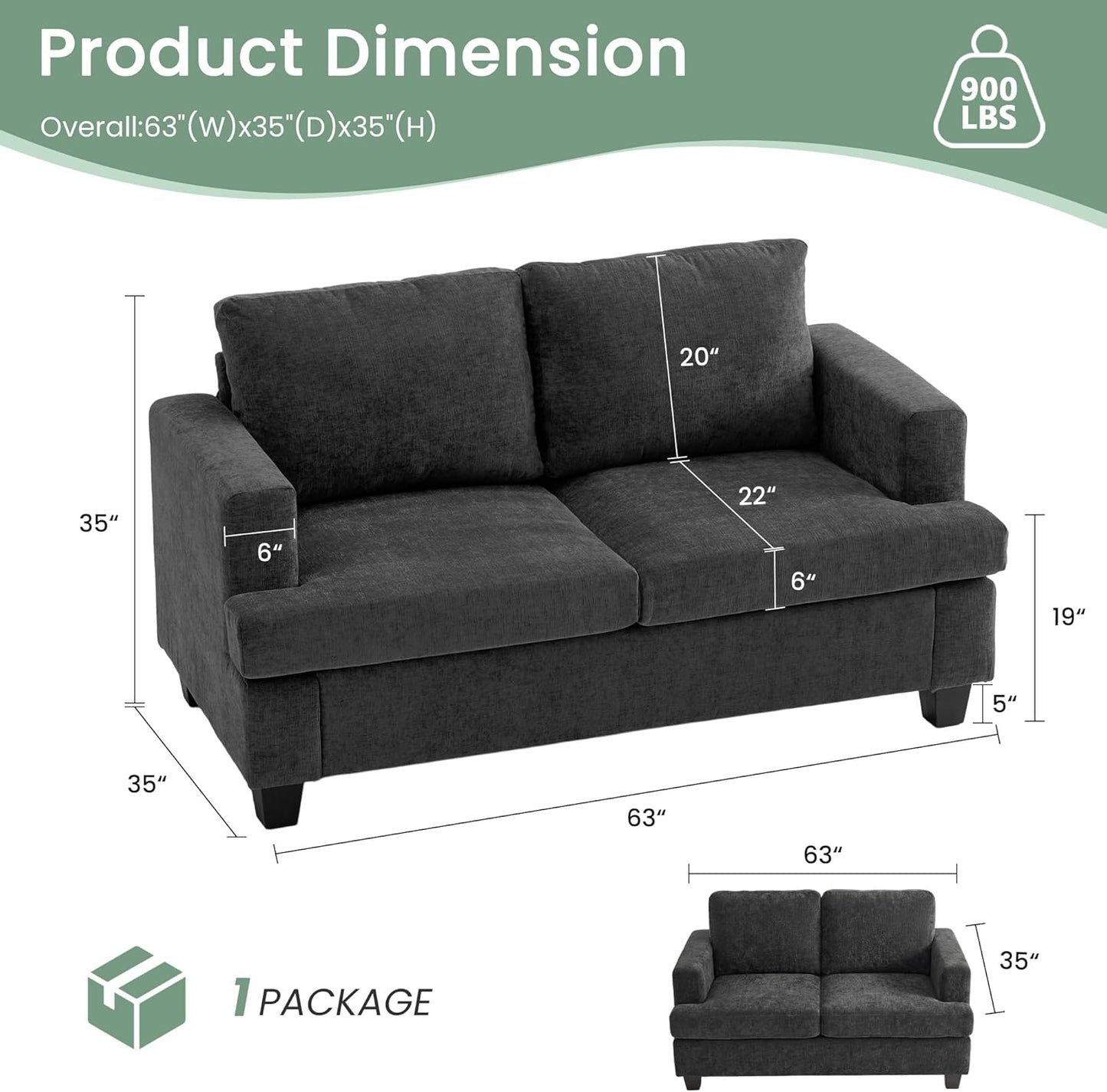 YOUDENOVA Sofa, 63” Comfy Loveseat Sofa with Deep Seats, Couch for Living Room, Modern Sleeper Couch, Dark Grey Chenille