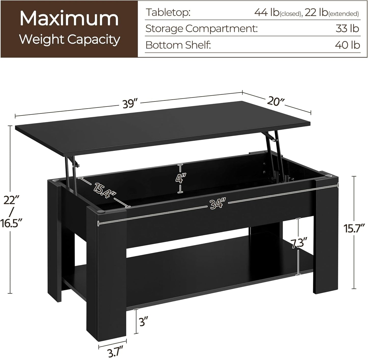 Yaheetech Modern Living Room 3 Pieces Table Sets, Lift Top Coffee Table and End Table Sets for Home and Office, Easy Assembly Accent Furniture with Hidden Compartment and Open Storage Shelf, Black