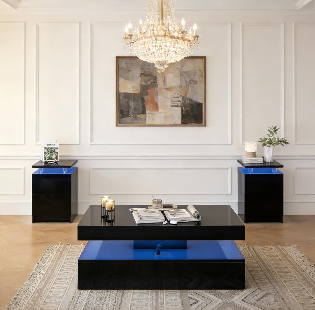 3-Piece Modern Living Room Table Set, Includes LED Coffee Table and End Tables Set of 2 with Storage Drawers, Black