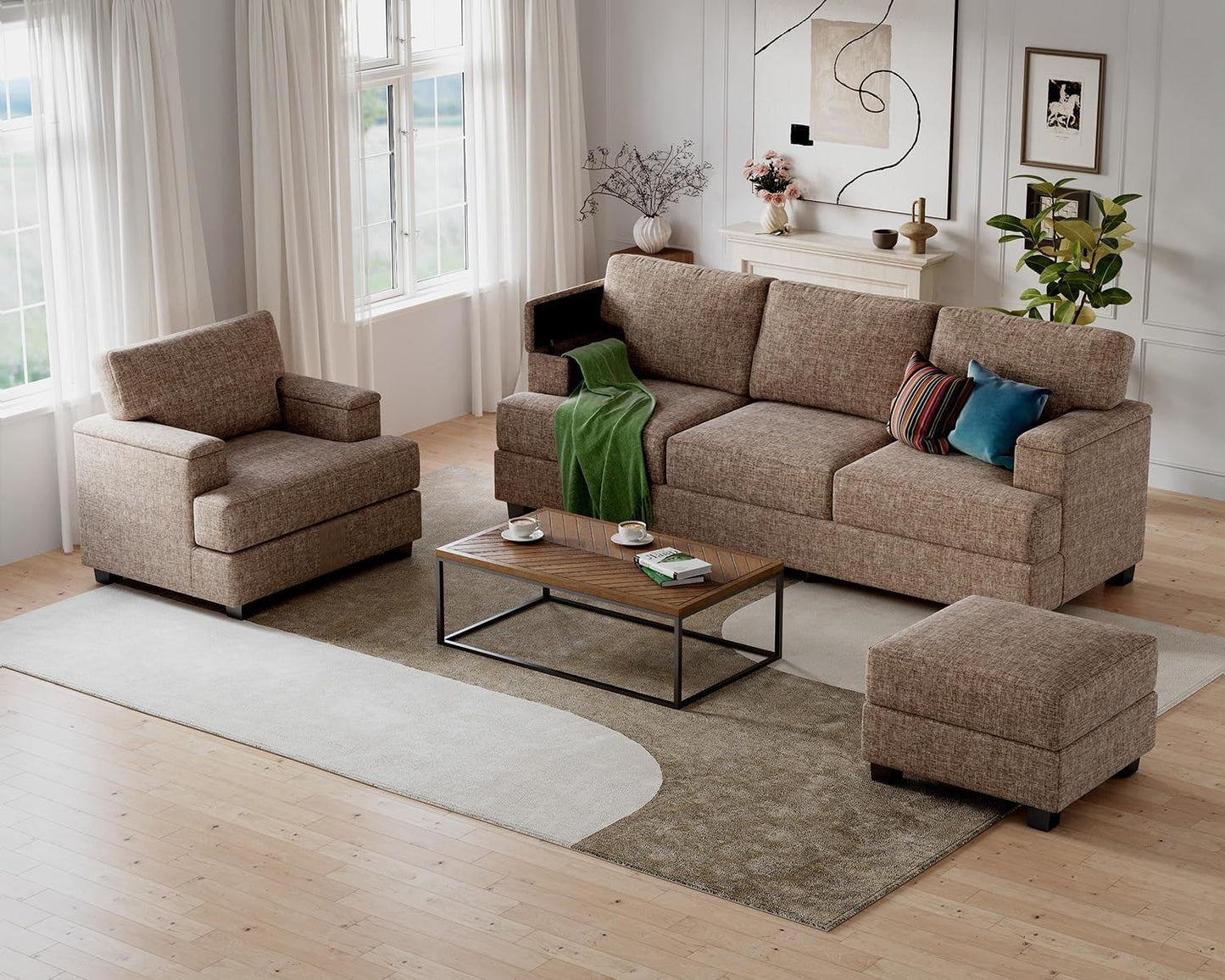 85'' L Shaped Couch with Armrest Organizer,Comfy 3 Seats Sofa with Thick Cushion,Chenille Sectional Couches for Living Room,Bedroom,Apartment,Sofa Set with Oversized Chair,Home Furniture,Brown