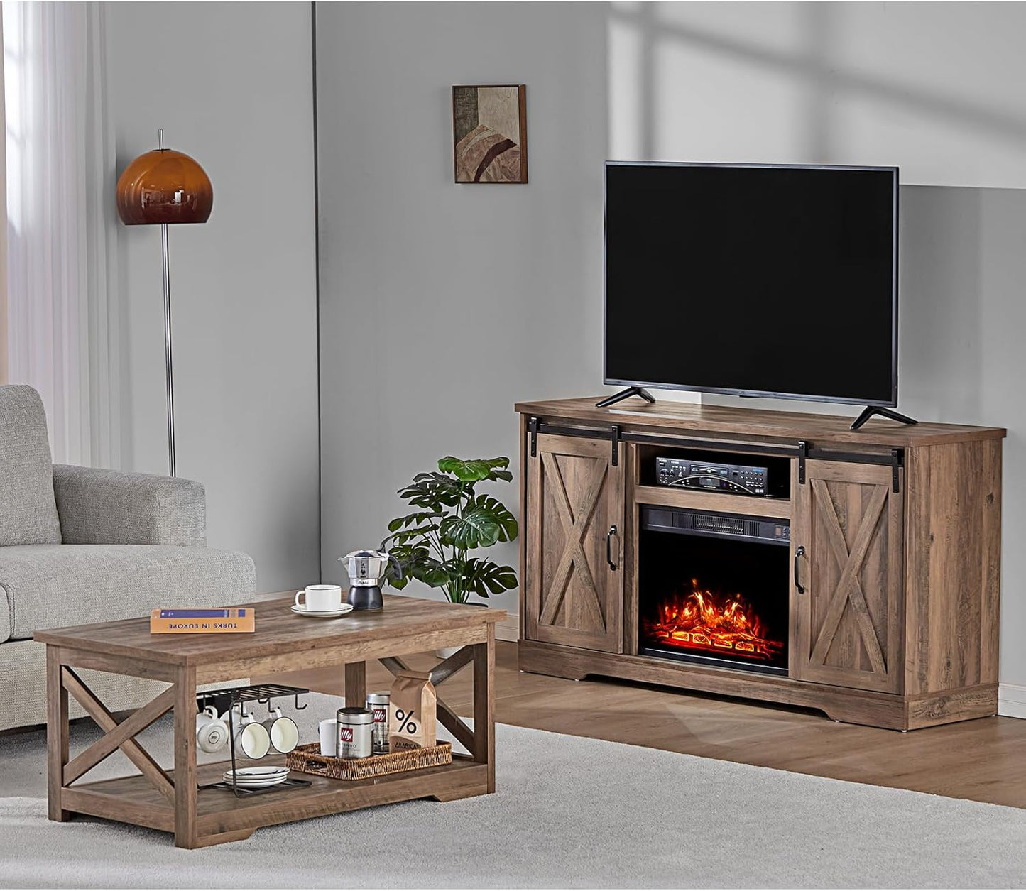 AMERLIFE 5-Piece Farmhouse Table Set Includes Fireplace TV Stand, Coffee Table& Two End Tables with Charging Station and USB Ports, for Living Room, Barnwood