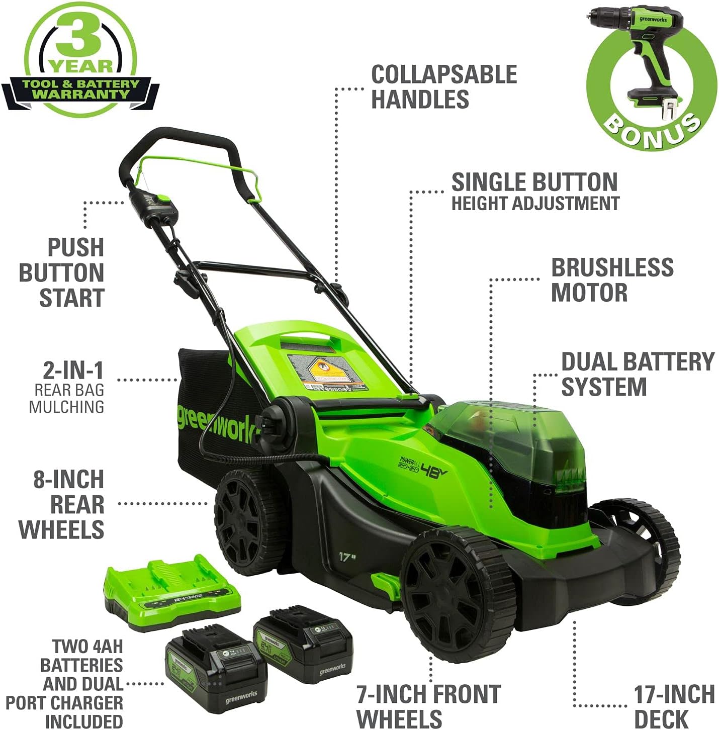 Greenworks 48V (2 x 24V) 17" Brushless Cordless Lawn Mower + 24V Drill / Driver, (2) 4.0Ah USB Batteries (USB Hub) and Dual Port Rapid Charger Included