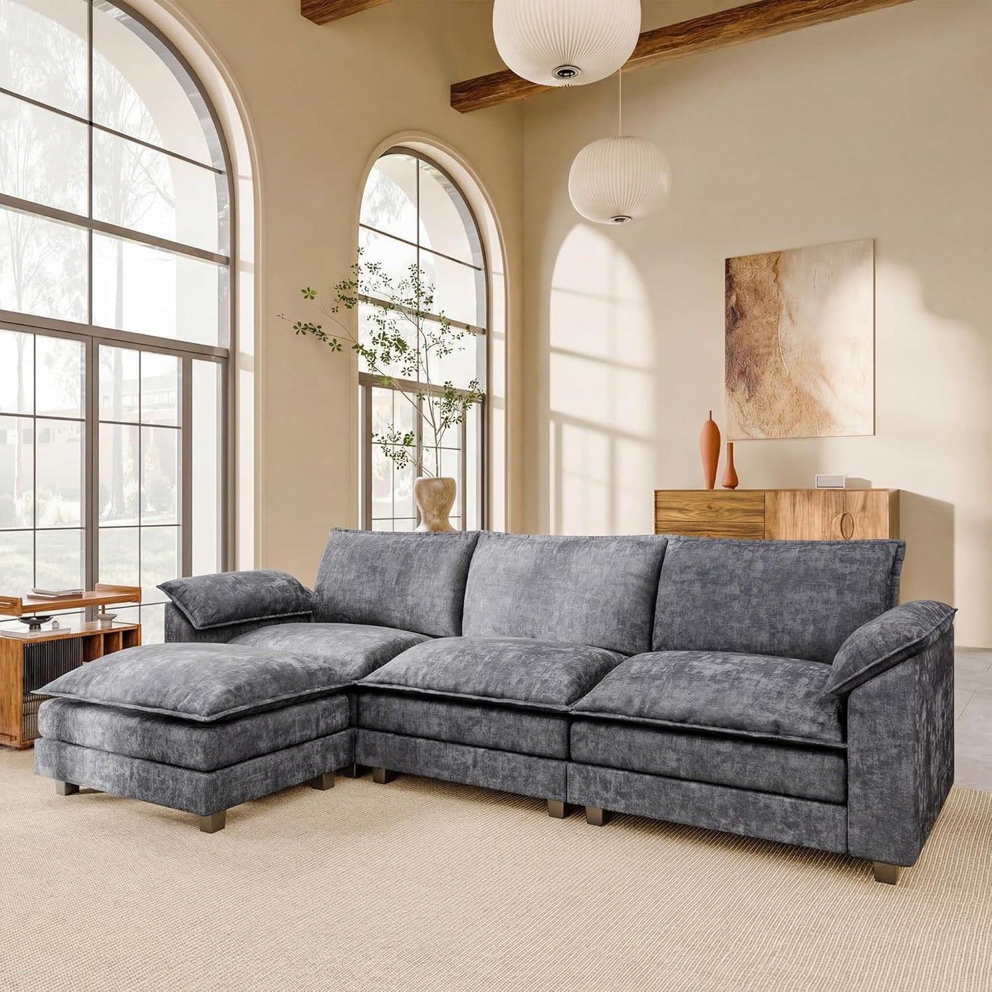 JUMMICO 118.9" Modular Sectional Cloud Couch 3-Seat Sofa Set with Movable Ottoman, L Shaped Sofa Couch with Deep Seat, Chenille Couches for Living Room (Light Grey-4, L Shaped Sofa)