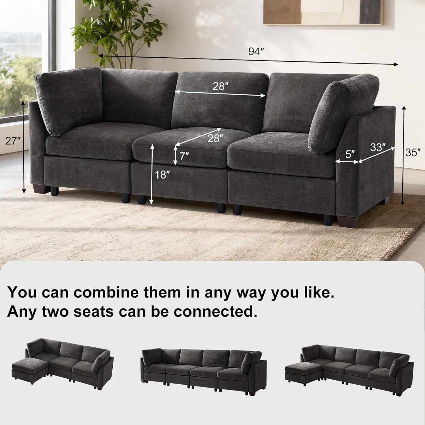 EDILLY 94 inches Oversized Modular Sectional Fabric Cloud Sofa Set, Extra Large L Shaped Couch Reversible Chaise Couch,3 Seat Modular Sofa,Grey
