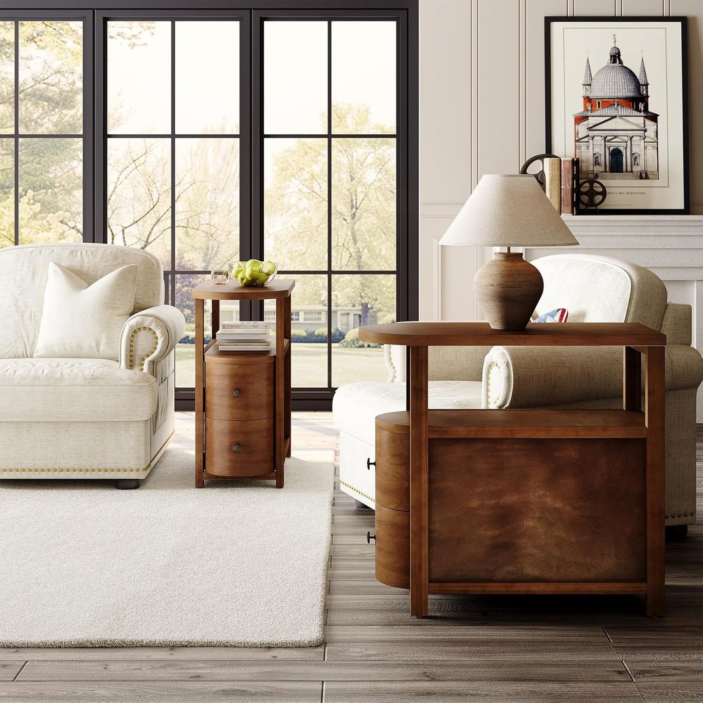 LITTLE TREE Solid Wood End Table Set 2 with 2 Drawers & Open Shelf, No Assembly Required Side Table for Living Room, Vintage Brown Couch Side Tables, Slim Bedside Table Nightstand for Bedroom