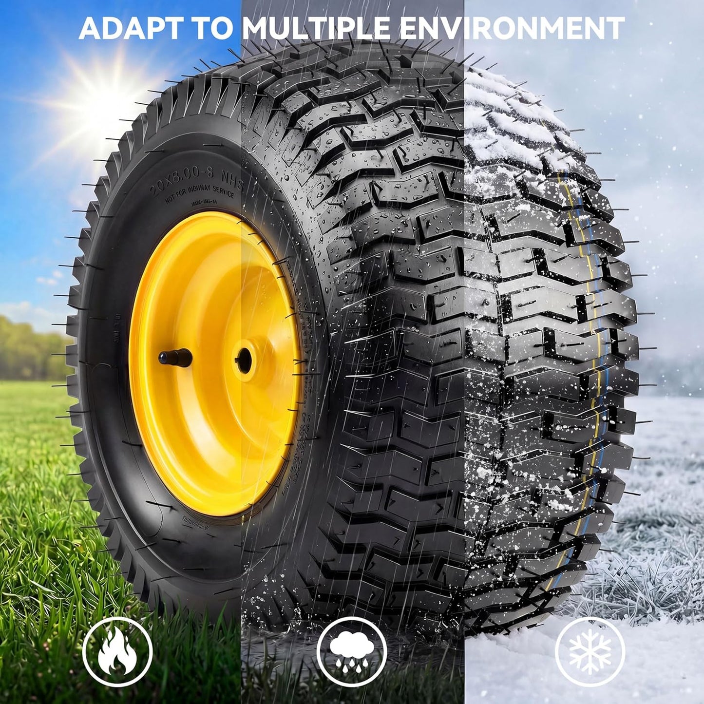 YITAMOTOR 20x8.00-8 Lawn Mower Tires & Wheel Assemblies, 4 Ply Tubeless Front Tires Replacement Fits Lawn Tractors, More Riding Mowers & Garden Vehicle | 3/4" Bore Hole, 3/16" Keyway, 960LBS (2 Pack)
