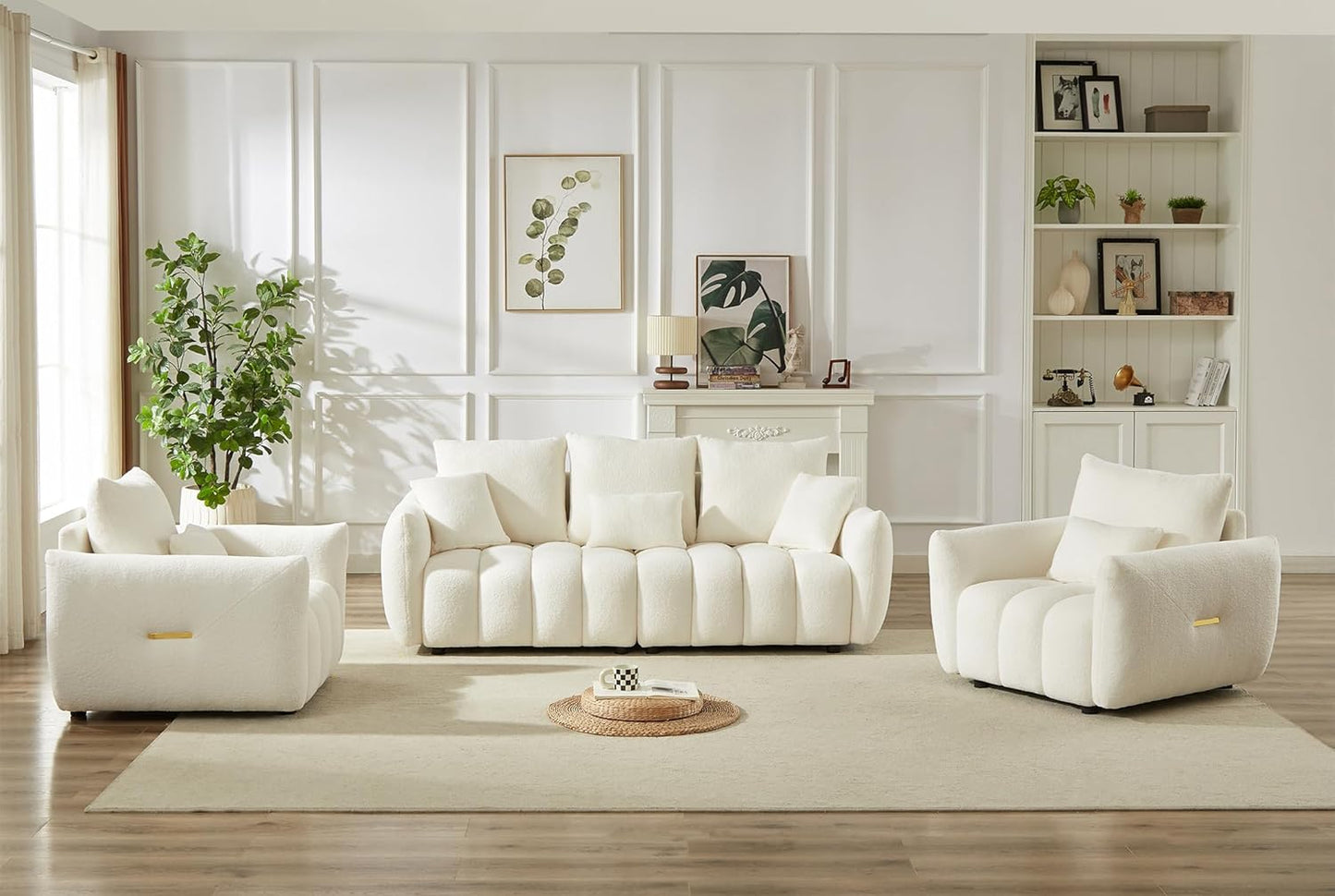 Antetek Set of 3 Teddy Sofa for Living Room, Modern 2 Units Deep Seat Sofa Chairs and an Oversized 3-Seater Cloud Boucle Couch for Bedroom, Office, Apartment, Furniture Set, Beige (3 Pieces)