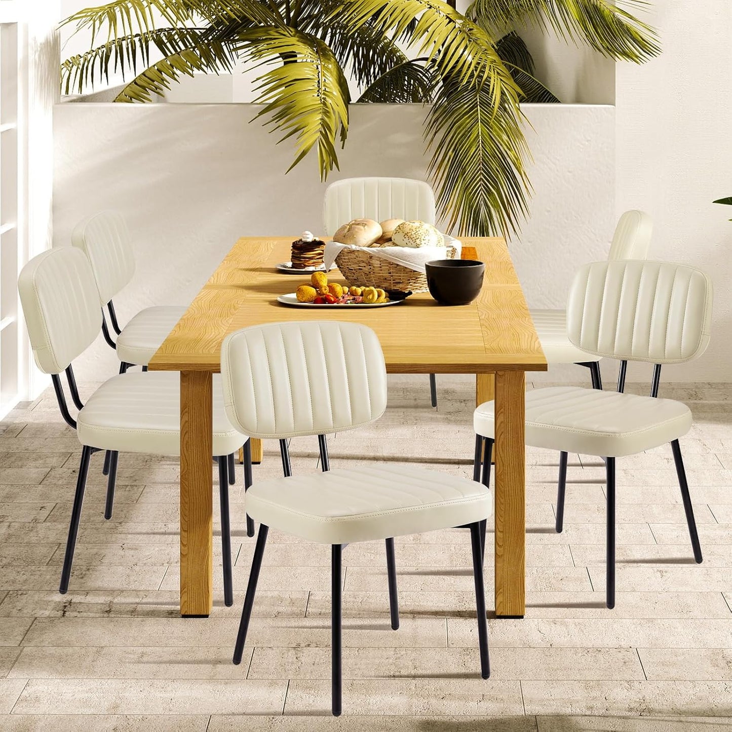 DUMOS Dining Chairs Set of 4, Upholstered Mid-Century PU Leather Accent Chair with Backrest and Metal Legs for Kitchen, Living Room, Beige White