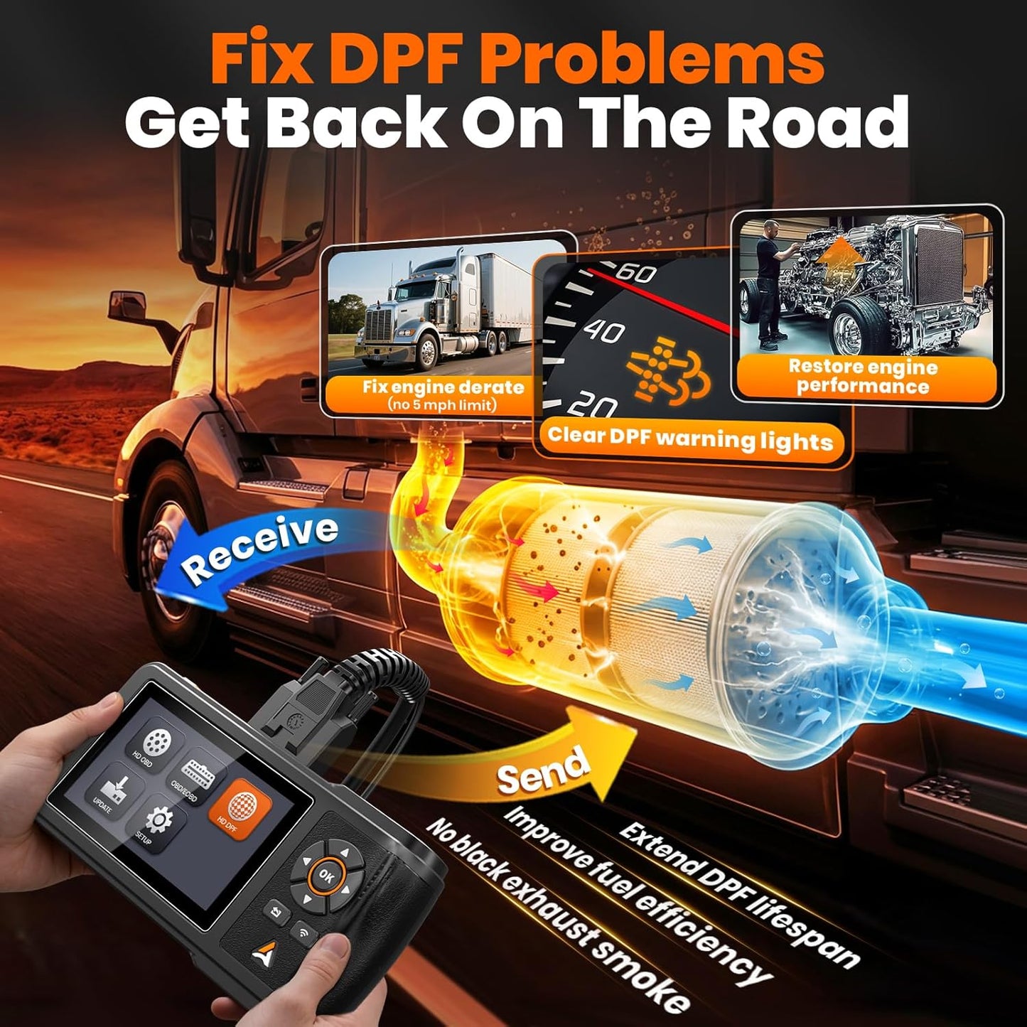 ANCEL HD430 Heavy Duty Truck Scanner, DPF Reset & Forced Regeneration for Cummins & Caterpillar Engine, Full System HDOBD Diesel Scanner OBD2 Diagnostic Scan Tool Code Reader for Diesel Trucks & Cars