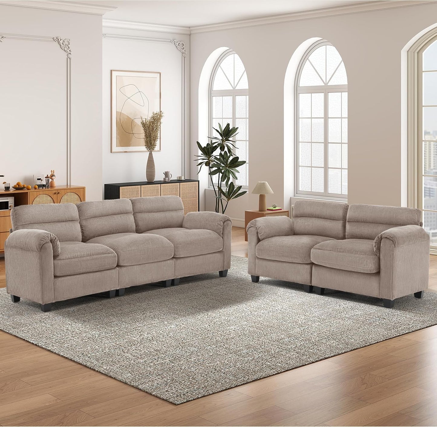 HAOMARKETS Corduroy Sofa Set,Upholstered Loveseat, and 3-Seater Couch with Plush Cushions and Rolled Arms, Modern Living Room Furniture Sets,Brown