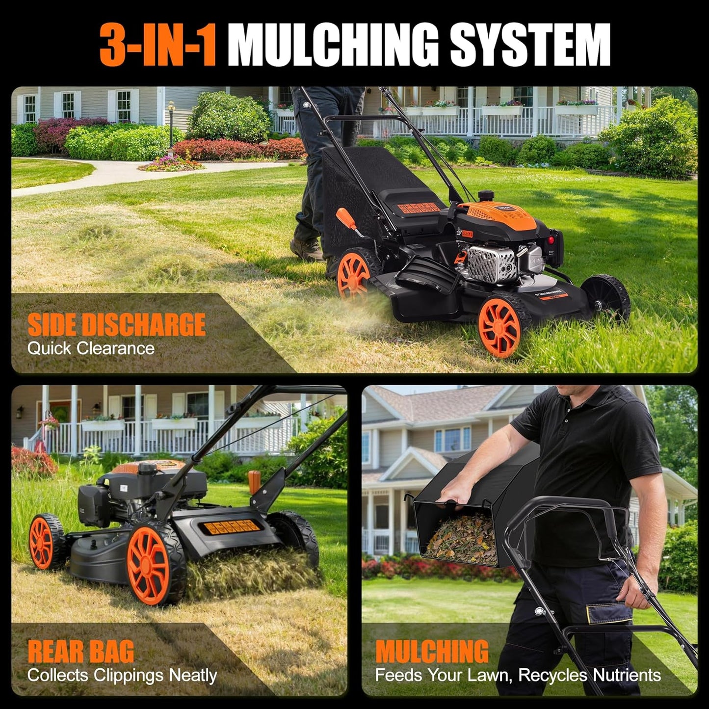 21" Self-Propelled Gas Lawn Mower – 170CC 4-Stroke Engine, 7 Cutting Heights, 3-in-1 Mulch/Bag/Discharge, 1.9-Bushel Large Grass Collector, EPA Compliant