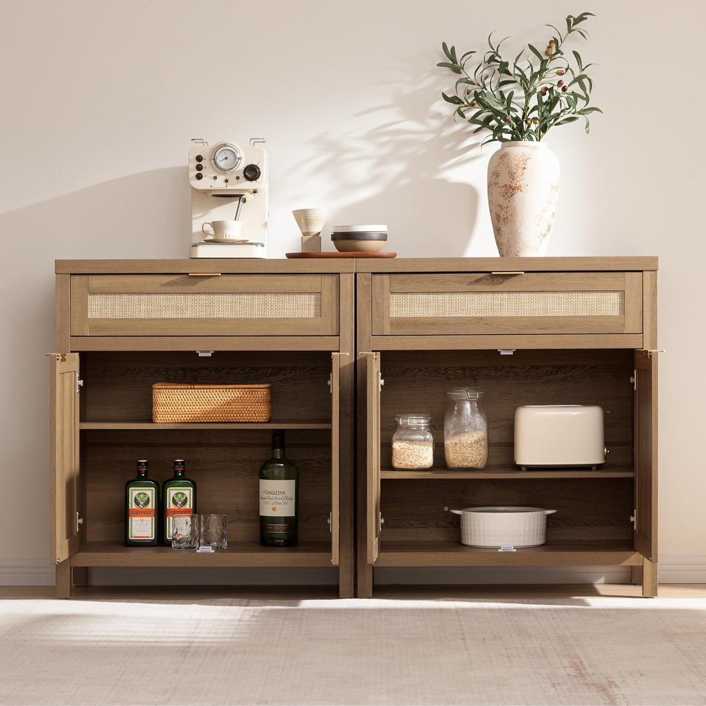 SICOTAS Sideboard Buffet Cabinet Set of 3, Rattan Credenza Storage Cabinet, Boho Buffet Table Console Cabinets with Drawer, Farmhouse Coffee Bar for Living Room, Natural Oak