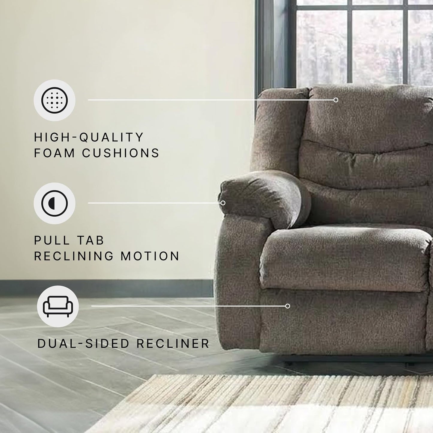 Signature Design by Ashley Tulen Modern Manual Pull Tab Reclining Sofa, Dark Gray