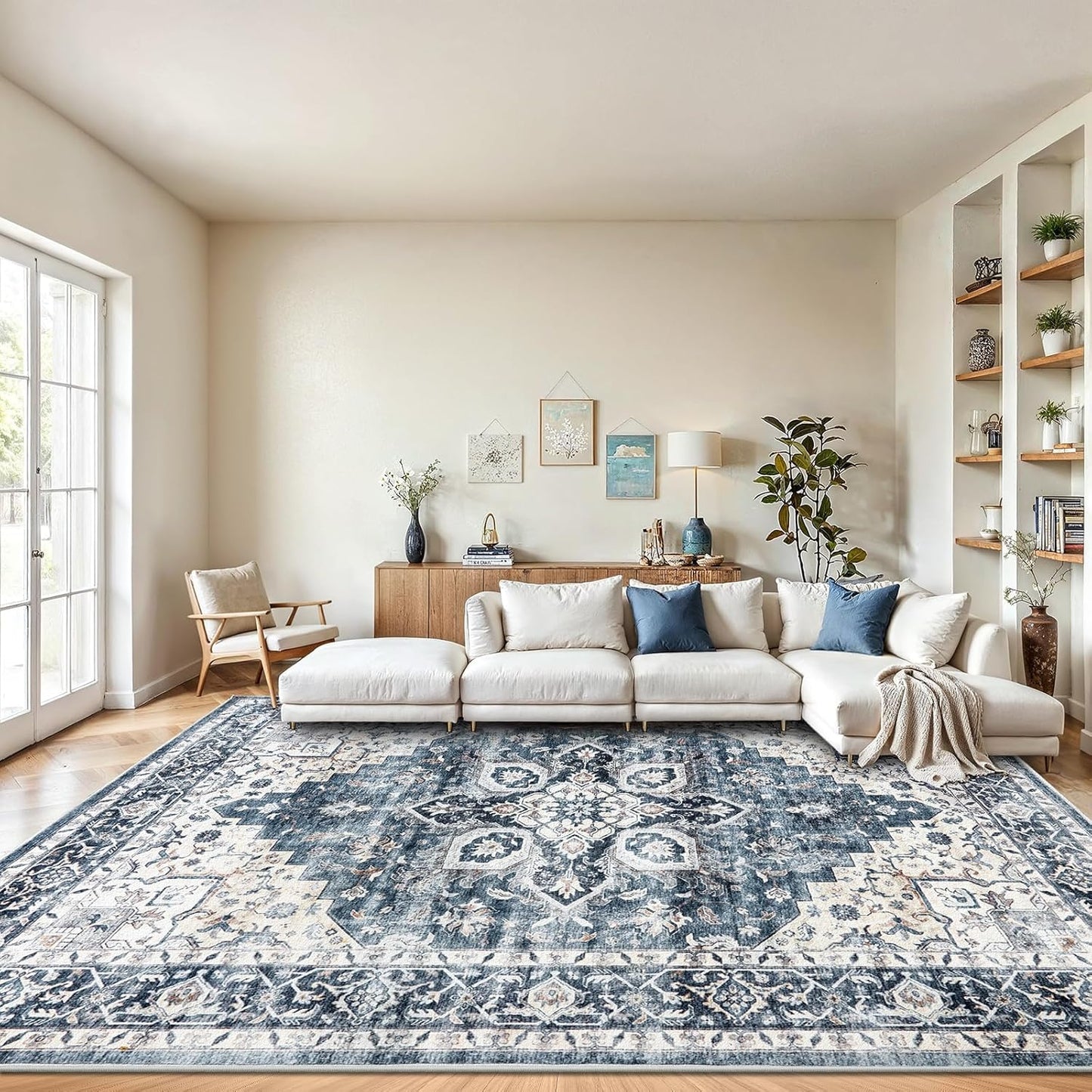 AMADA HOMEFURNISHING 9x12 Washable Area Rug, Low-Profile Large Area Rug with Non-Slip Backing & Durable Edge Binding, Vintage Large Rugs for Living Room, Bedroom & Dinning Room