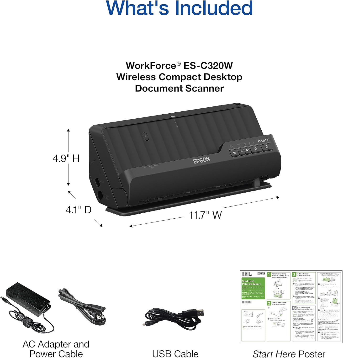 Epson Workforce ES-C320W - Wireless Compact Desktop Document Scanner - 2-Sided Scanning Auto Doc Feeder - Can Scan Paper and Cards - Black