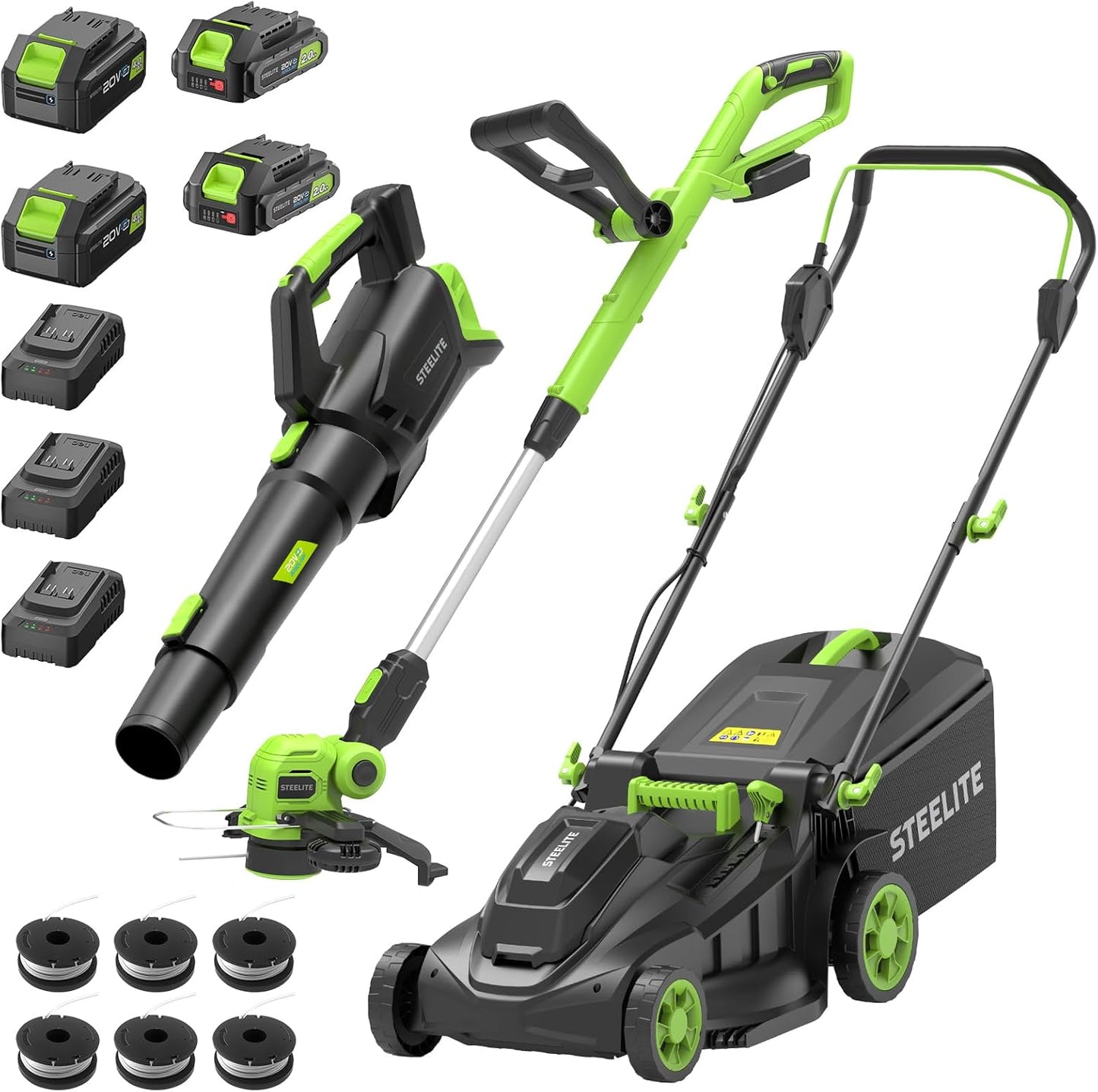 STEELITE 40V(2×20V) 17-Inch Cordless Lawn Mower Combo, Brushless Electric Mower, 12-Inch Weed Wacker & 500CFM Leaf Blower, with 4 Batteries and 3 Chargers - Shipped in 2 packages, delivery separately.