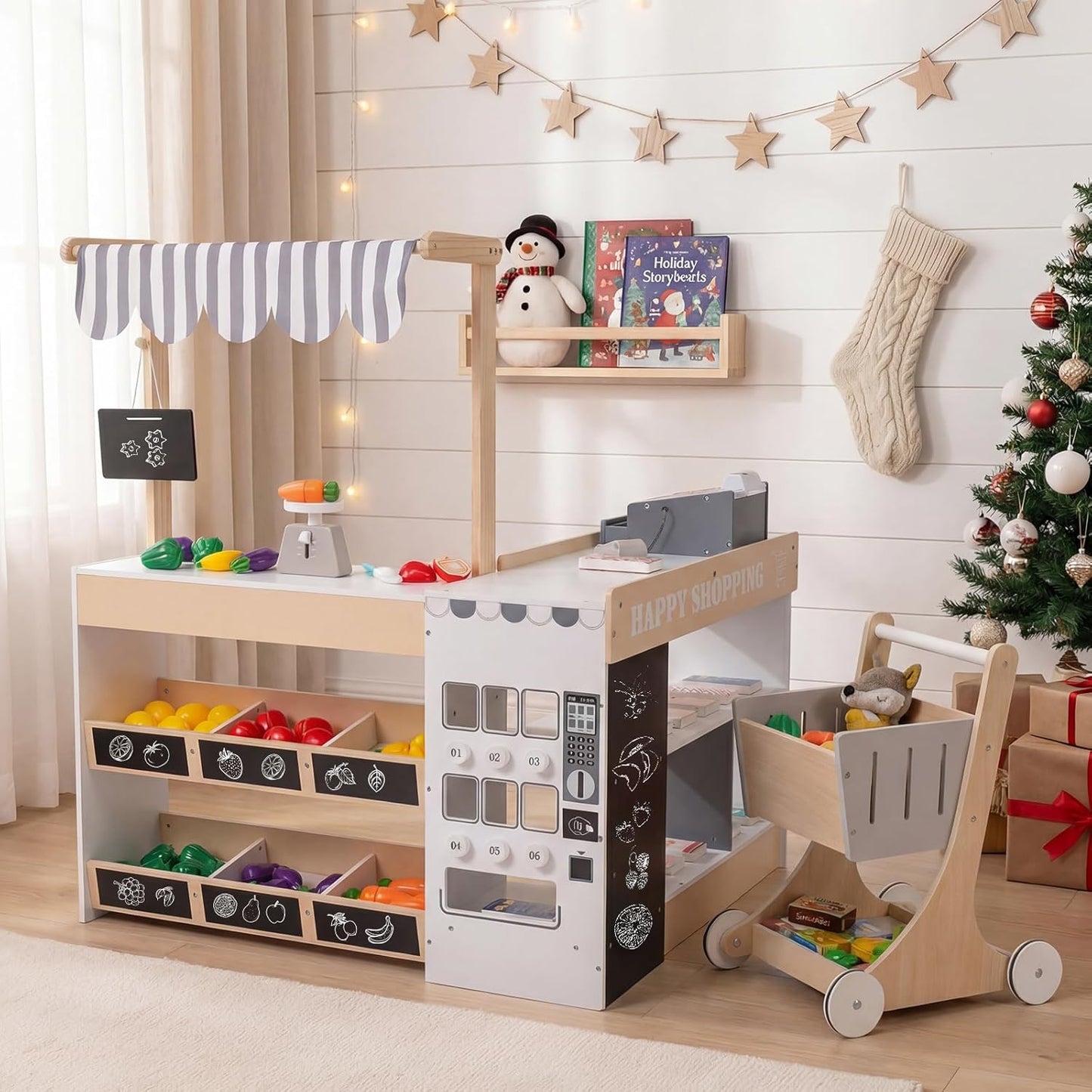 Costzon Kids Grocery Store Playset, Wooden Play Store w/Lights & Sound, Shopping Cart, Blackboards & Cash Register, Toddler Toy Grocery for Boys and Girls Ages 3+ (Natural, 35.5" x 31" x 41")