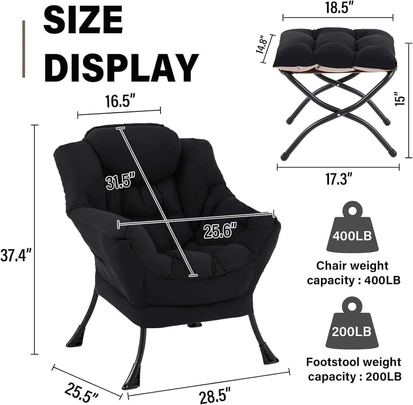 Lazy Chair with Ottoman, Modern Accent Chair Contemporary Lounge Leisure Sofa Chair with Armrests, Reading Chair and Folding Footstool Set for Living Room, Bedroom, Office, Black