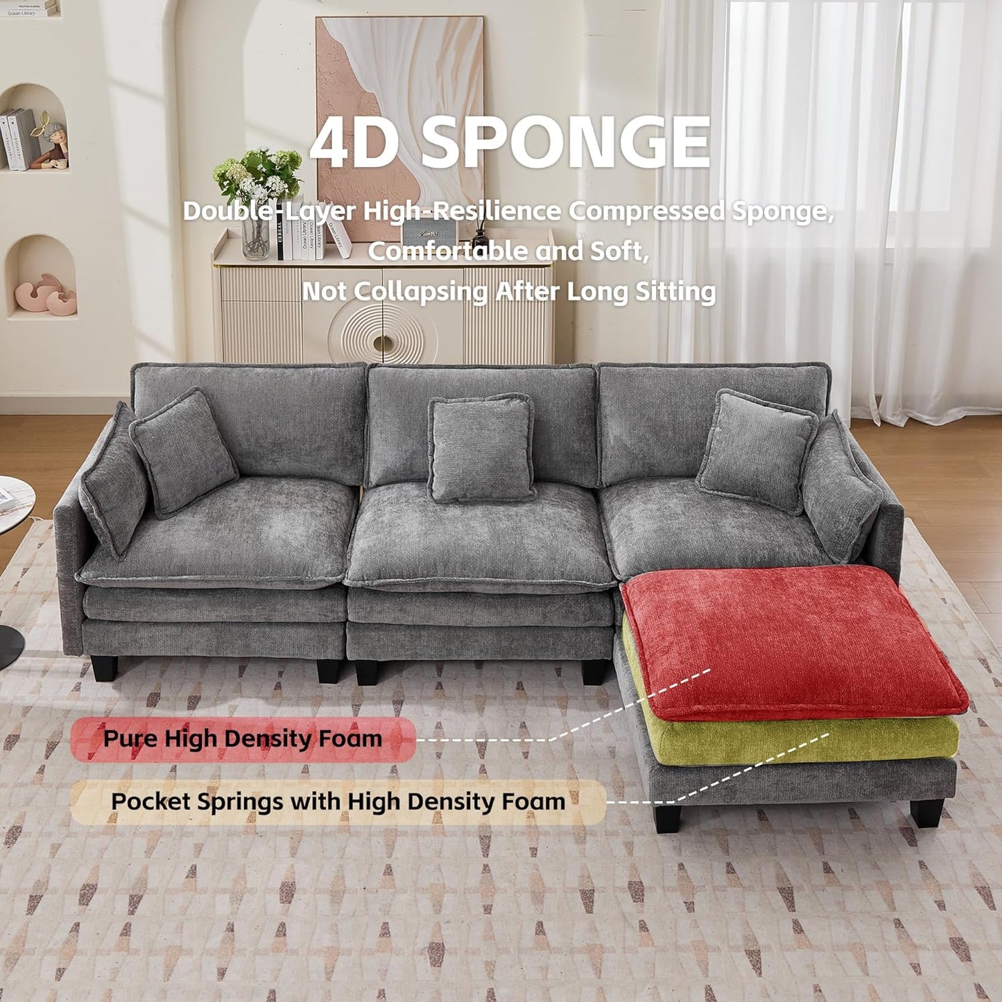 Opiesit Modular Sectional Sofa with Movable Ottoman, 110" 4-Seat Modern Couches for Living Room, Comfy L Shaped Couch Set with Deep Seat for Office and Apartment, Grey Chenille Fabric