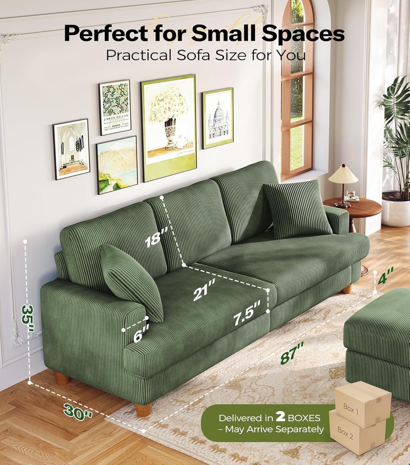 87in Corduroy Couch, Kidirect Sofa No Tool Assembly, Comfy Couches for Living Room 21in Deeper Seats, Corduroy Sofas for Living Room with 2 Pillows, Oversized Loveseat Sofa, Boho Love Seat Green Couch