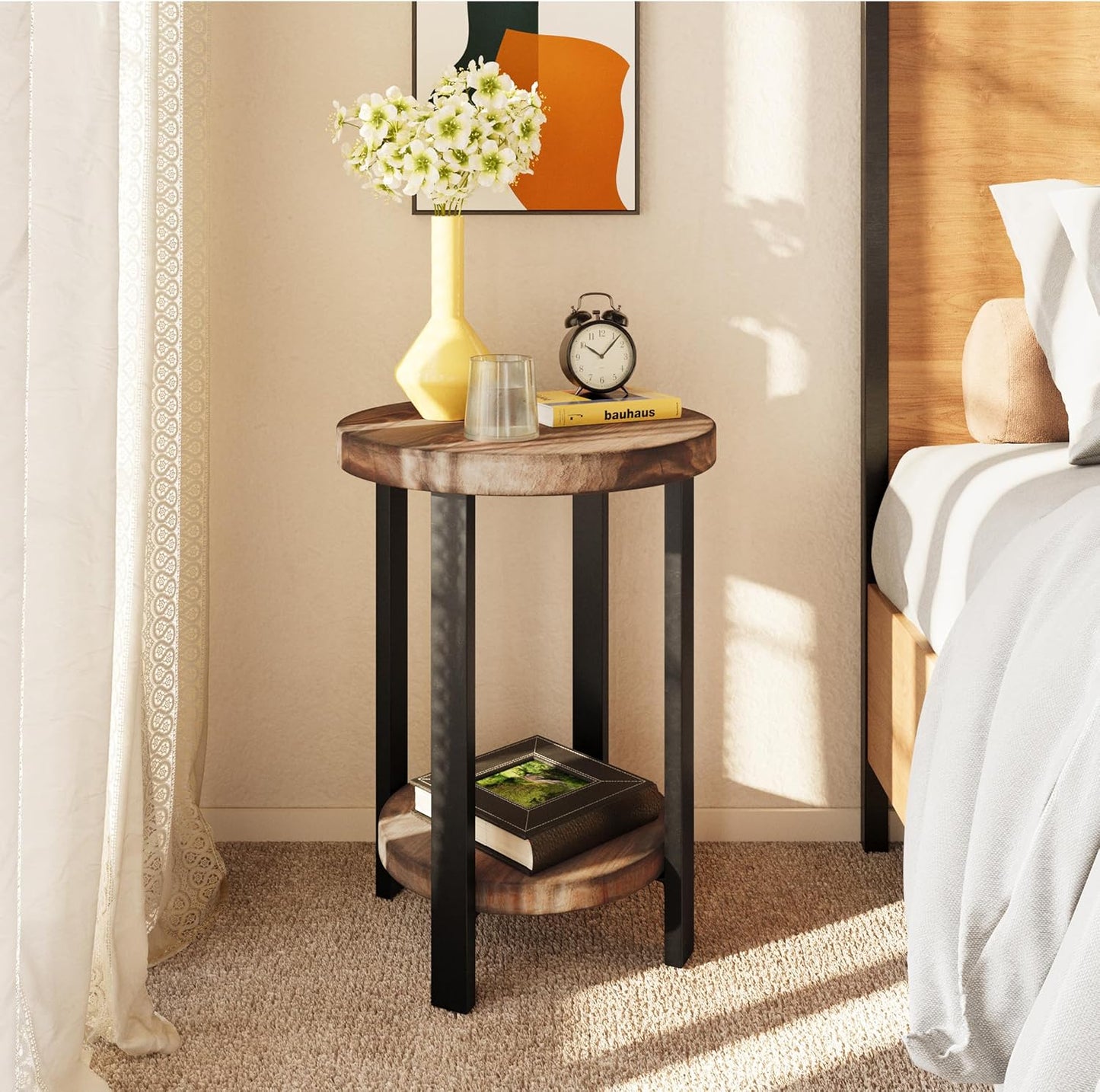 Alaterre Furniture Pomona Living Room Set of 2 Solid Wood Small Round End Tables with Shelf and Metal Legs – 2-Tier Modern Rustic Side Table or Nightstand (Rustic Brown)