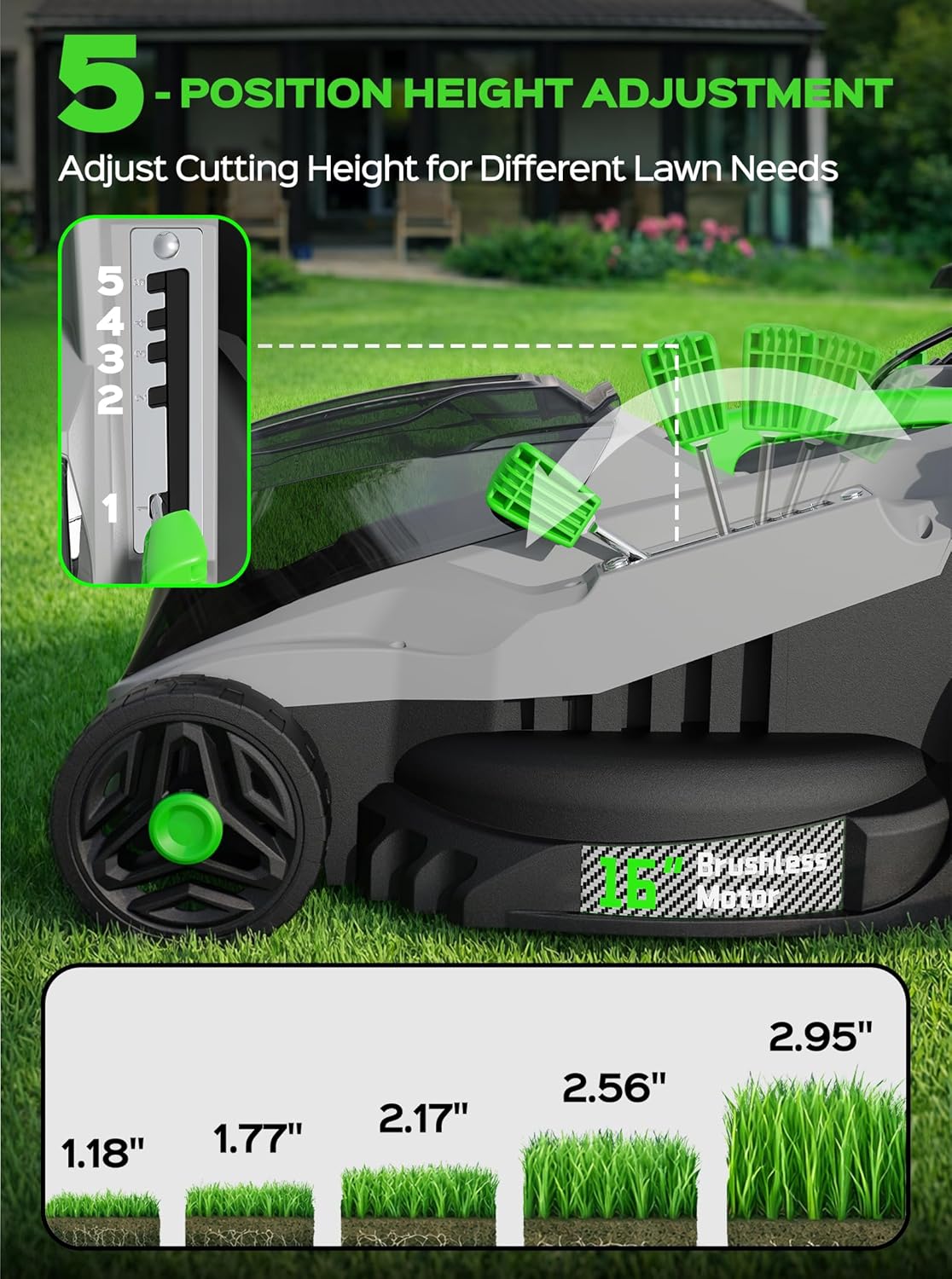 TIECTOWN 40V 16-Inch Brushless Cordless Lawn Mower with 4.0Ah Battery & Charger, 2-in-1 Electric Push Mower, 5-Position Height Adjustment, Lightweight, Compact Storage, for Small Yards - Green