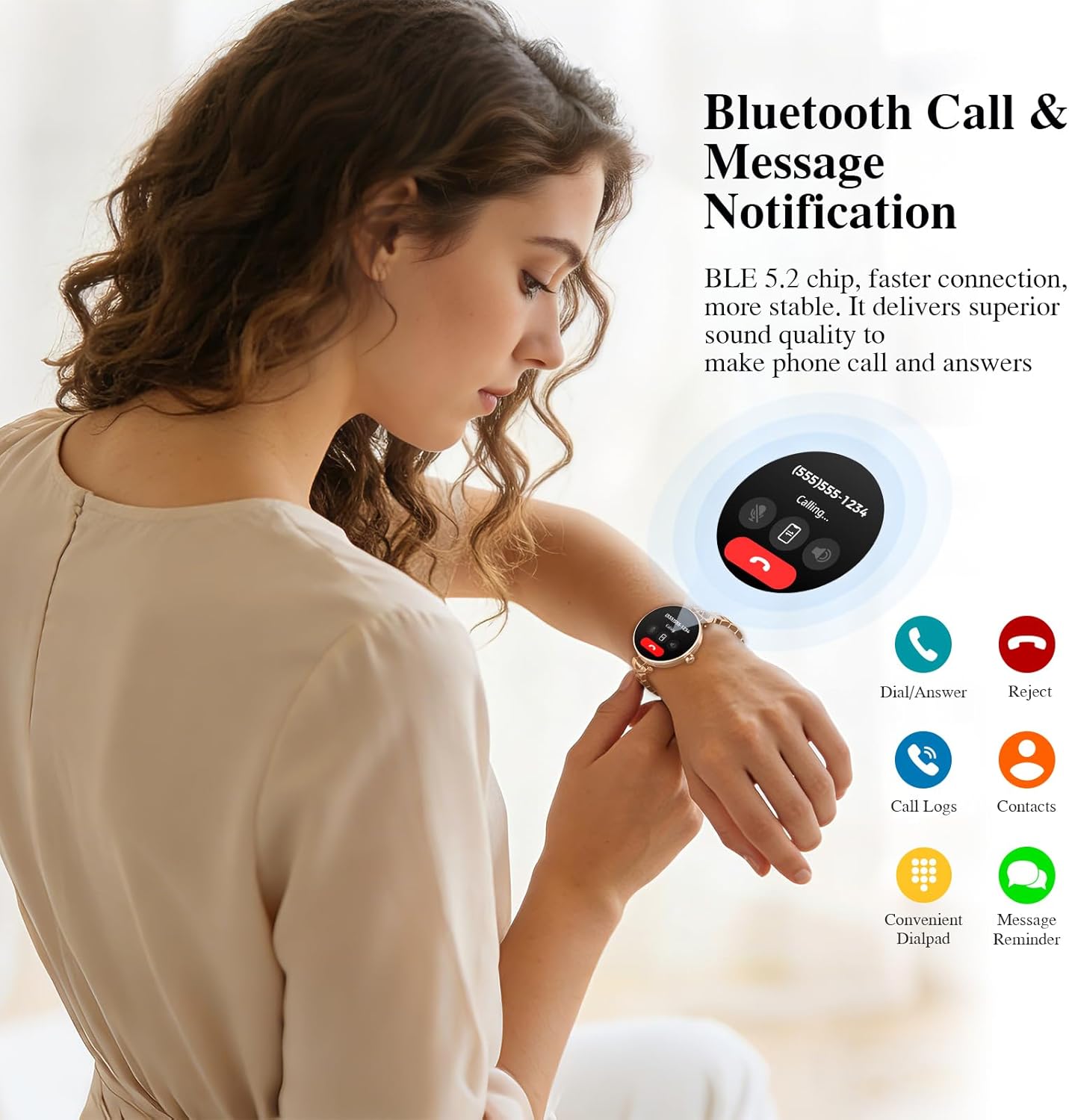 Smart Watches for Women, Answer/Make Call, 1.04'' AMOLED, 24H Sleep Tracker, Fitness Tracker with Heart Rate/Blood Pressure/SpO2/Stress Monitor, 100+ Sport Modes Waterproof Smartwatch for IOS Android