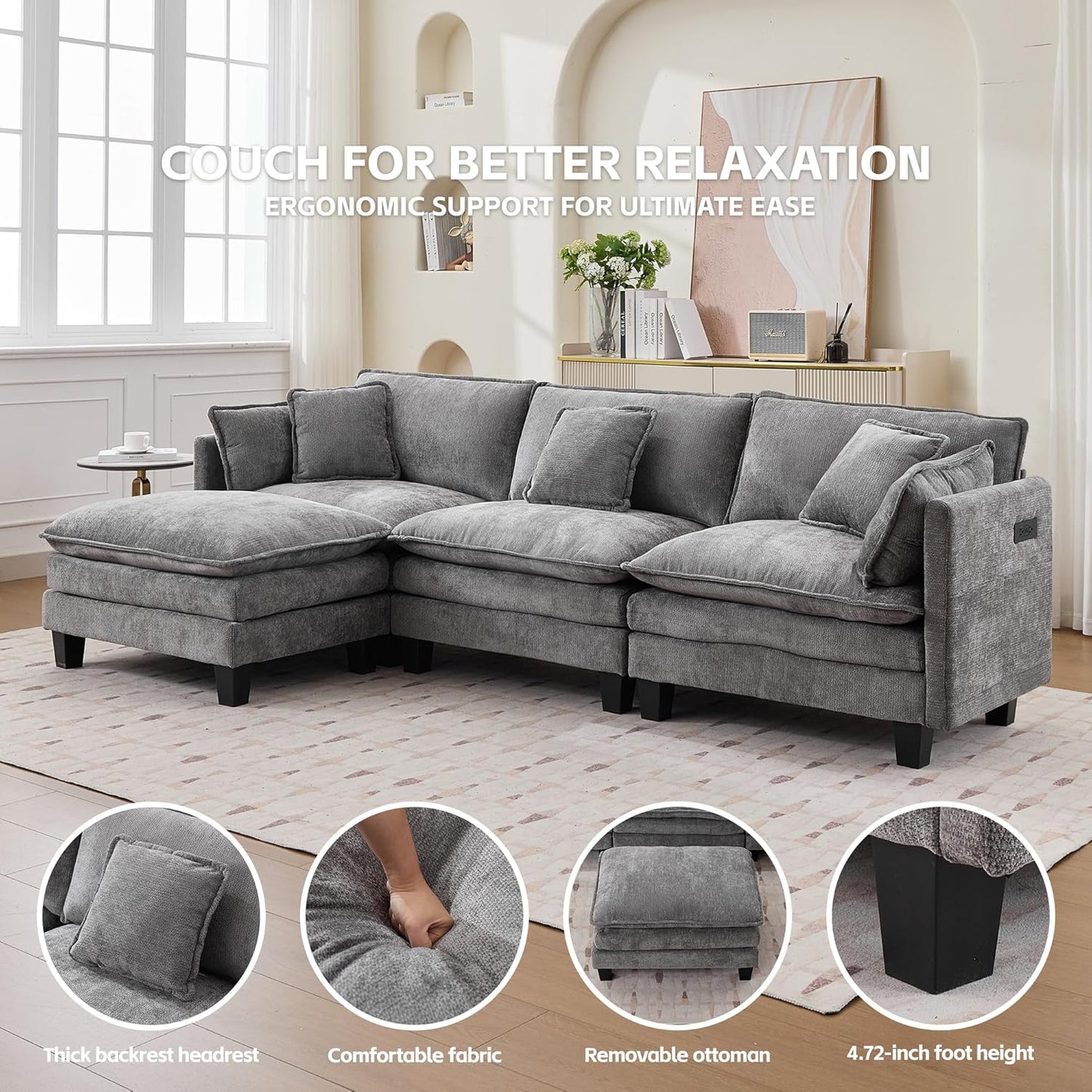 Opiesit Modular Sectional Sofa with Movable Ottoman, 110" 4-Seat Modern Couches for Living Room, Comfy L Shaped Couch Set with Deep Seat for Office and Apartment, Grey Chenille Fabric