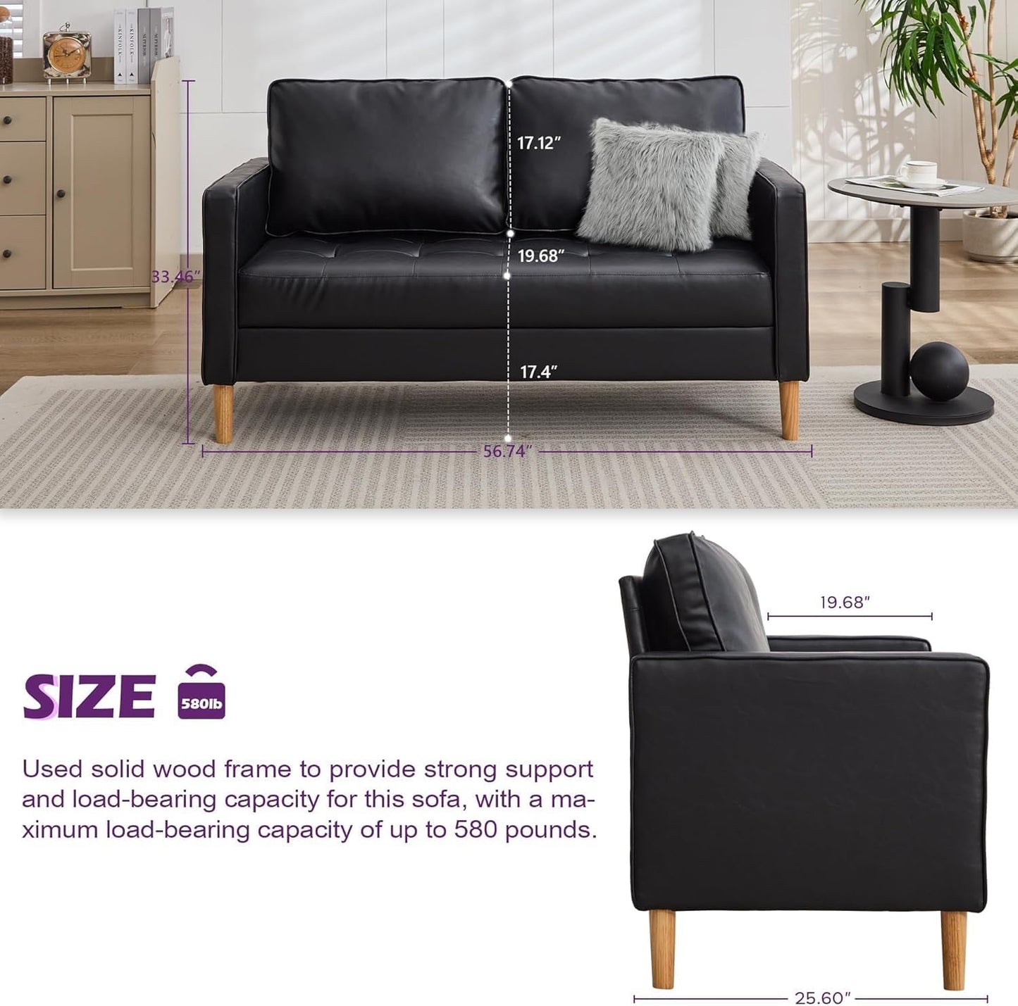 TYBOATLE 57" Small Black Faux Leather Sofa Couch, 3 Piece Living Room Set, Mid-Century Modern Tufted Comfy Loveseat, 2 Seater Office Couches Love Seat for Small Space Bedroom Drom Apartment Playroom