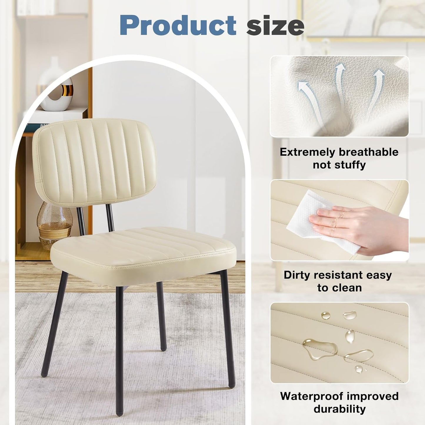 DUMOS Dining Chairs Set of 4, Upholstered Mid-Century PU Leather Accent Chair with Backrest and Metal Legs for Kitchen, Living Room, Beige White