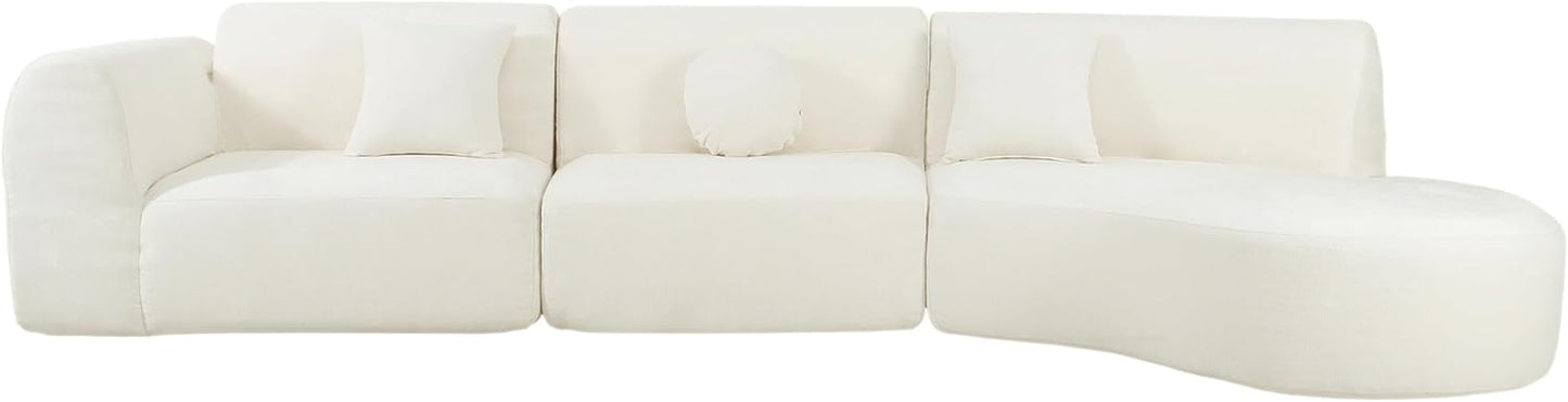 Merax 140" Curved Polyester Sectional Sofa Set, Modern Cloud Couch with Chaise Lounge & 3 Pillows, Fully Assembled for Living Room, Beige