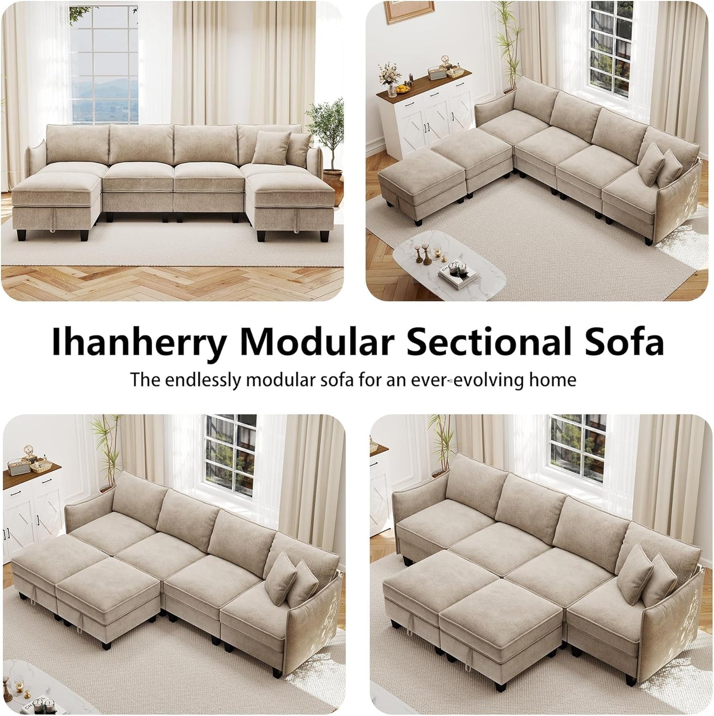Ihanherry 112" Modular U-Shaped Sectional Sofa, Modern 6-Seat Cloud Couch with 2 Storage Ottomans, Comfy Chenille Convertible Furniture Set for Living Room, Apartment, Easy Assembly, Brown
