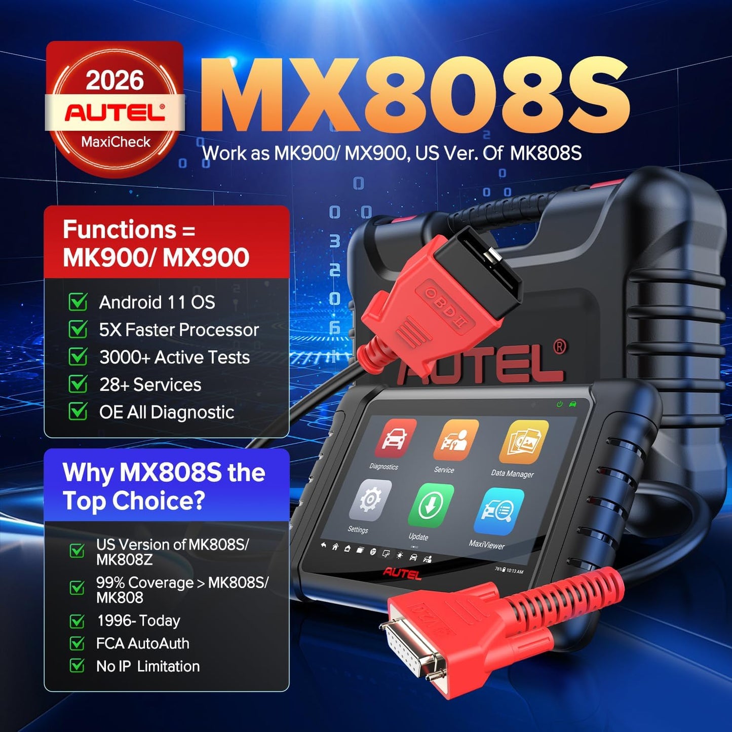 Autel Scanner MaxiCheck MX808S, 2026 US Ver. of MaxiCOM MK808S MK808Z, Bidirectional 3000+ Active Test 11OS as MK900 MK900BT MX900, 28+ Service, OE All Systems OBD2 Diagnostic Tool, FCA, 10X Faster