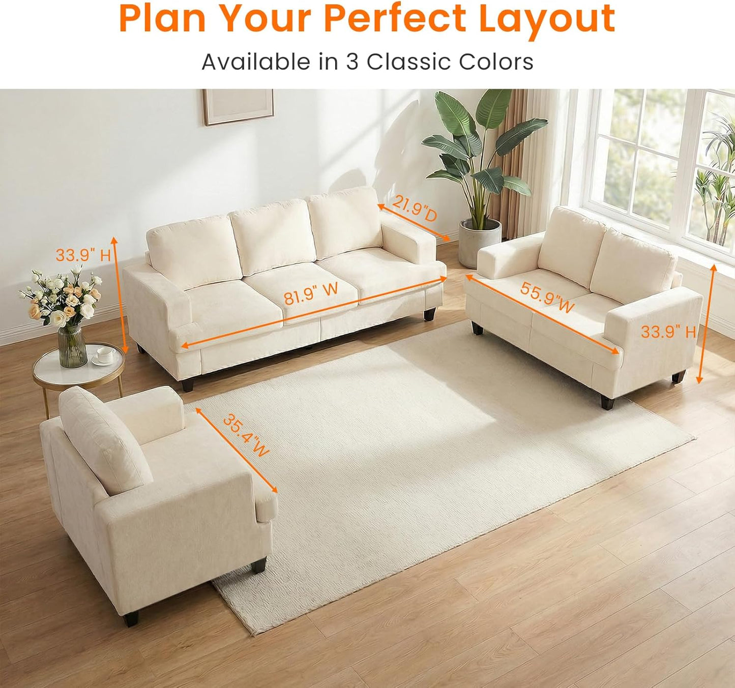 ijuicy 6 Seat Chenille Sectional Sofa Set for Living Room Furniture Set,3 PCS Modern Couch Set,82" Width 3 Seat Couch & Loveseat & Armchair with Solid Wood Legs and Thick Cushion(3+2+1Seat/Beige)