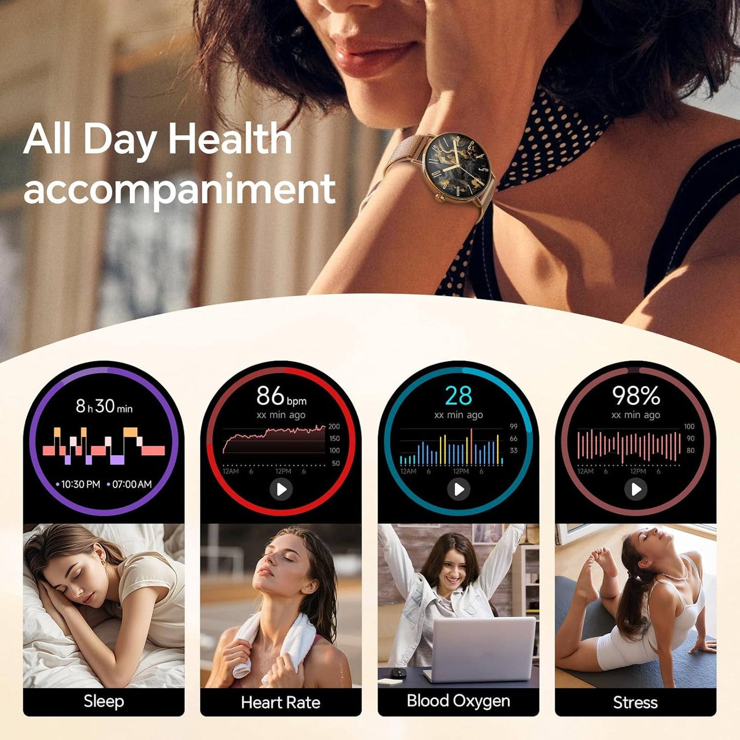 Yoever Smart Watches for Women, 1.57" HD 43mm Fitness Tracker Answer/Make Call, Heart Rate/Sleep/SpO2, Round Smart Watch for iPhone/Samsung/Android, IP68 Waterproof, 110+ Sport Mode - Gold