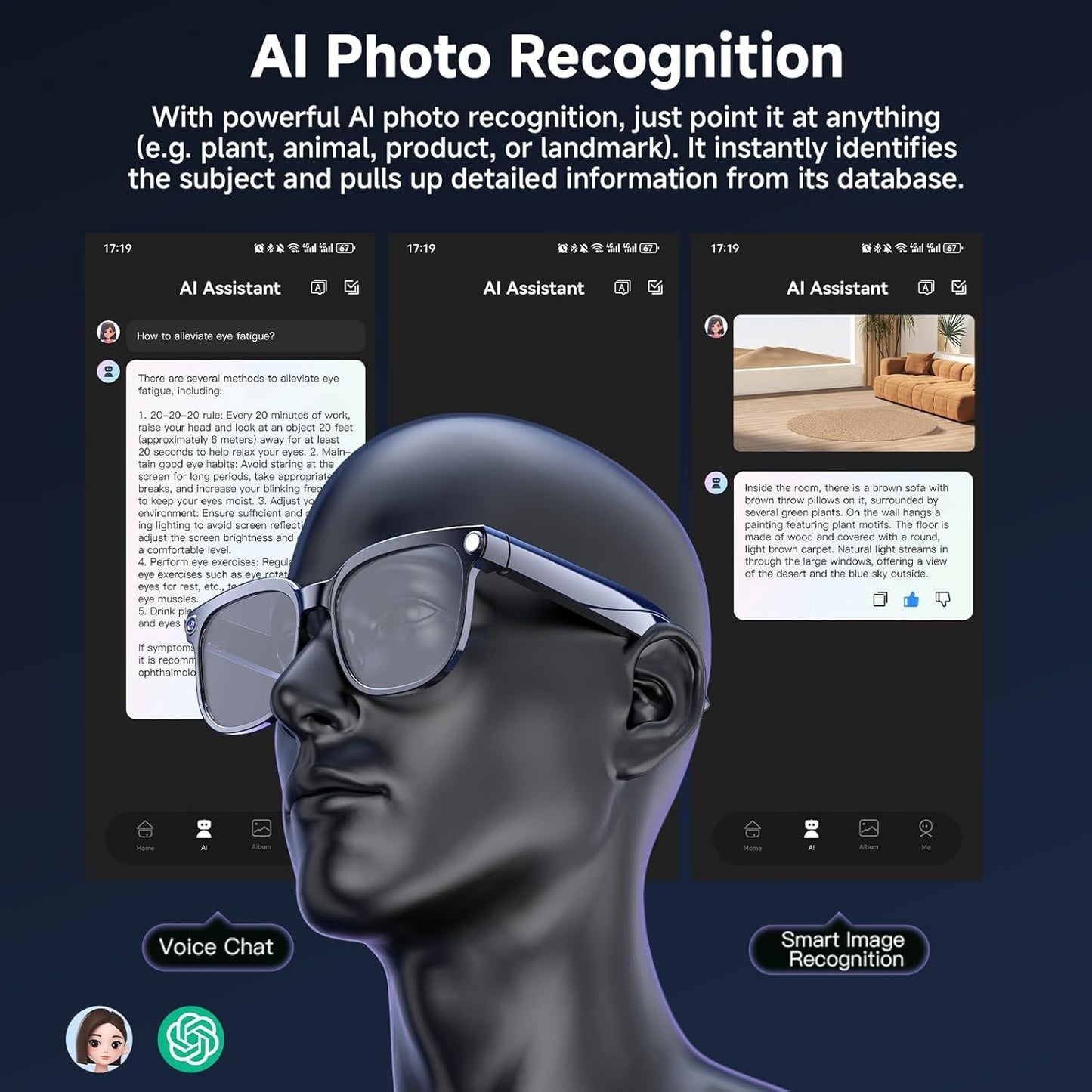 AI Smart Glasses with Camera, 4K 800W HD Video Recording Glasses with Audio, Bluetooth Sunglassess with Camera, Real-Time Translation, Voice Assistant, Object Recognition, Hands-Free Music Calls